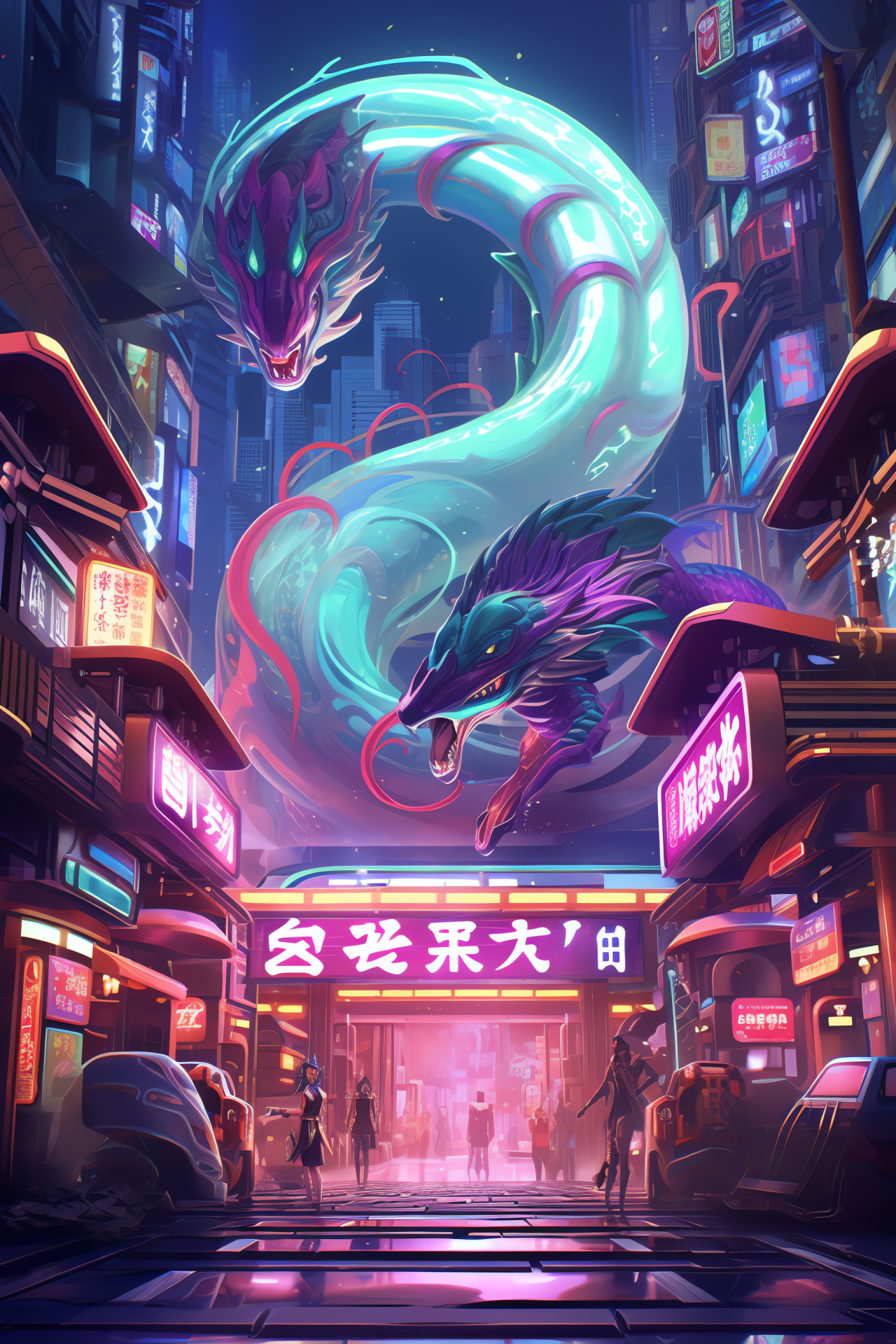 Mega Rayquaza, Futuristic metropolis, Active plaza, Vibrant signage, Digital projections, HD Phone Image