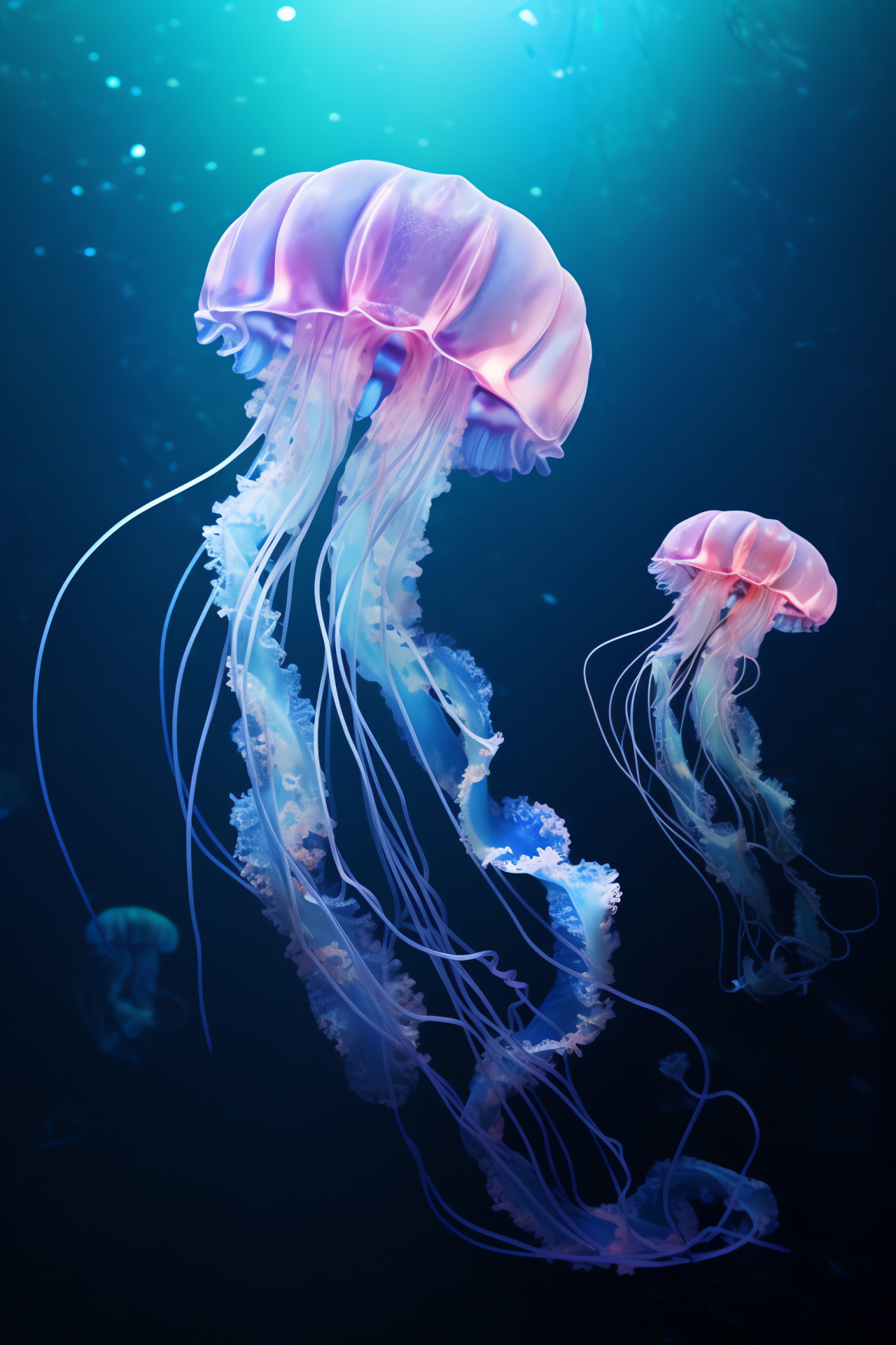 Jellyfish in ocean depths, Drifting sea animal, Translucent tentacles creature, Oceanic bioluminescent being, Deep-sea jelly, HD Phone Image