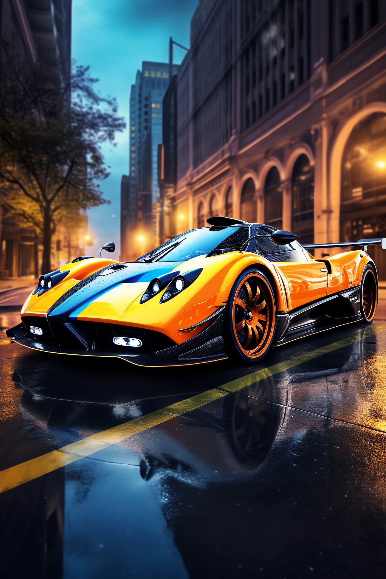 Pagani Zonda F, metropolitan scenery, lateral aspect, vivid shades, standout contrast, HD Phone Wallpaper