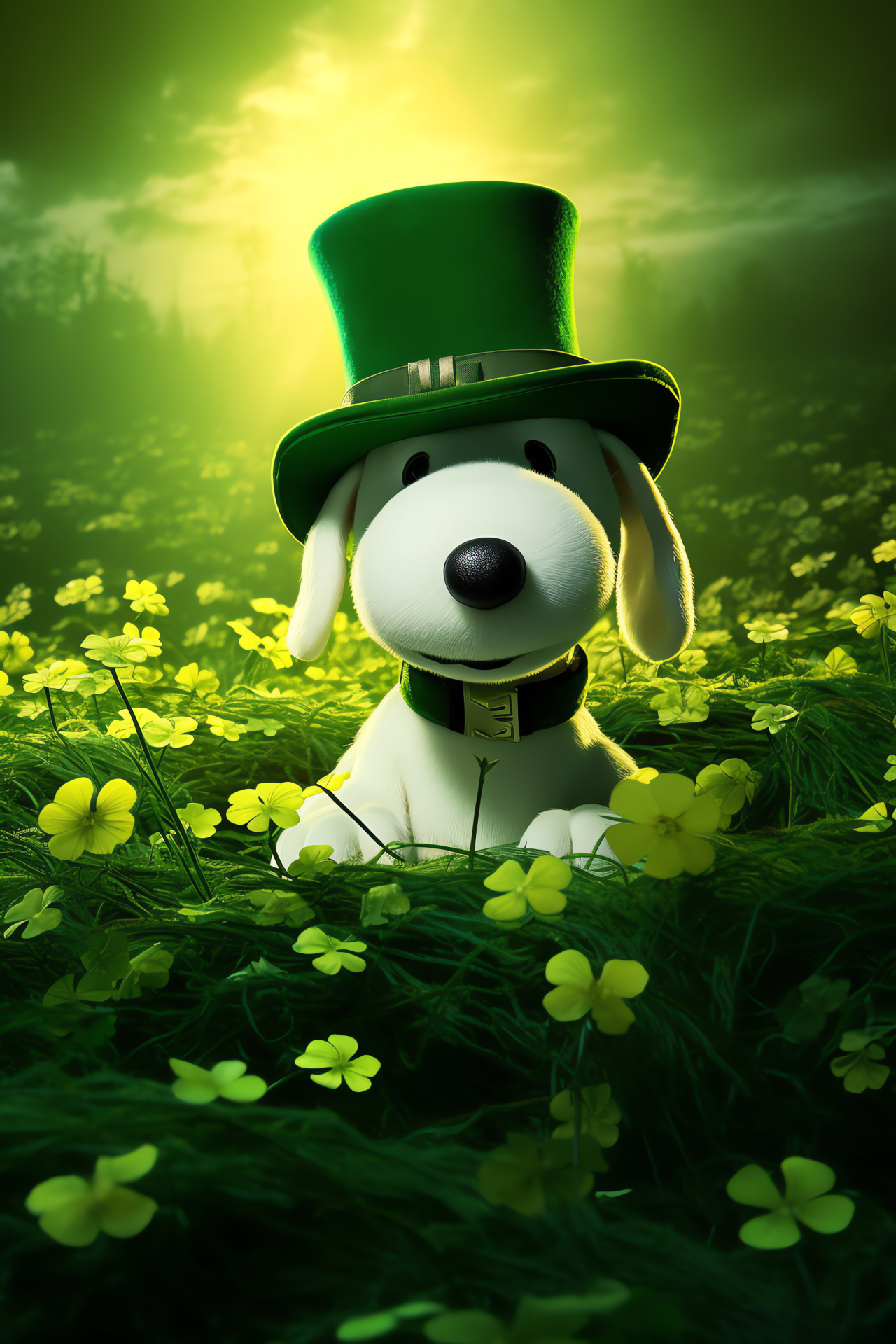 Amiable dog Snoopy, traditional March festivity, folklore wardrobe, verdant shamrocks, ceremonial cap, HD Phone Wallpaper