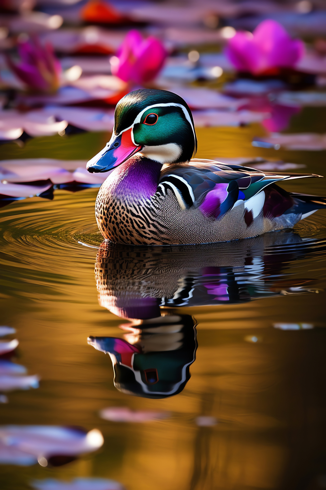 Duck Aix sponsa species, iridescent plume artistry, vibrant spectrum display, royal blue expanse, emerald habitat, HD Phone Wallpaper