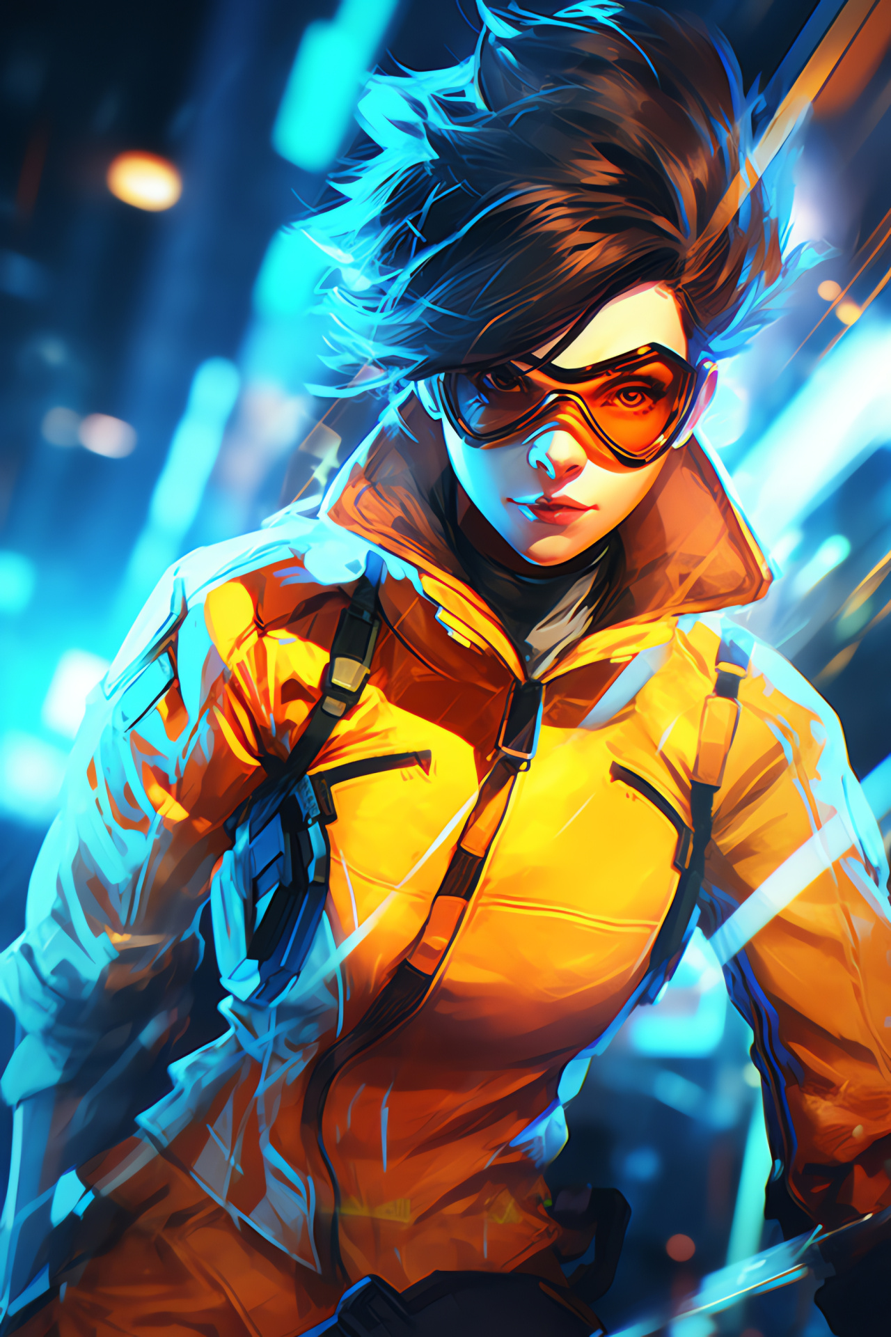 Overwatch game Tracer, Speedster adventurer, Vivid contrast, Harnessing time, Battle stance, HD Phone Image