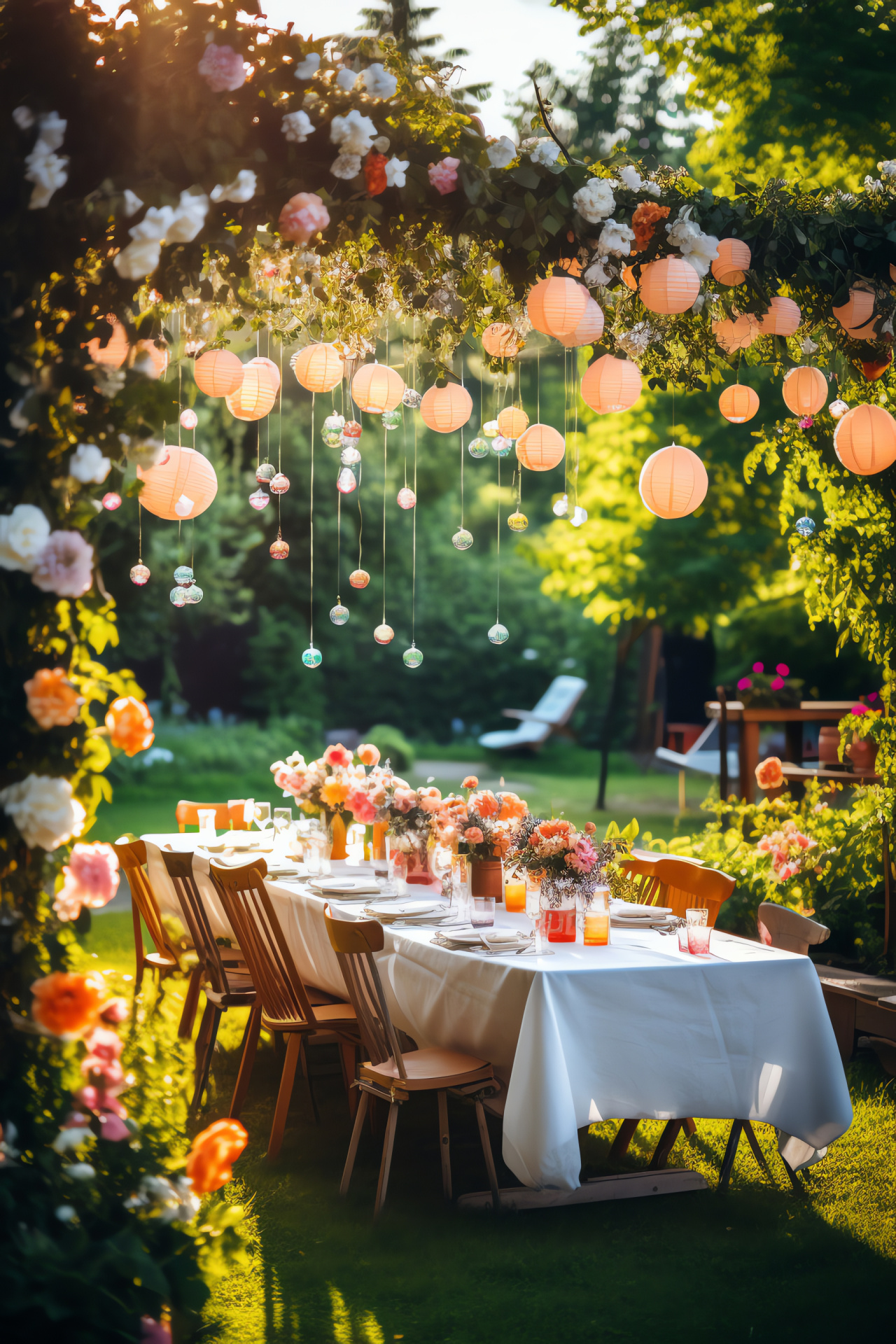 Anniversary garden festivity, lush floral archways, elegant table setting, ornate cutlery, refined linens, HD Phone Image