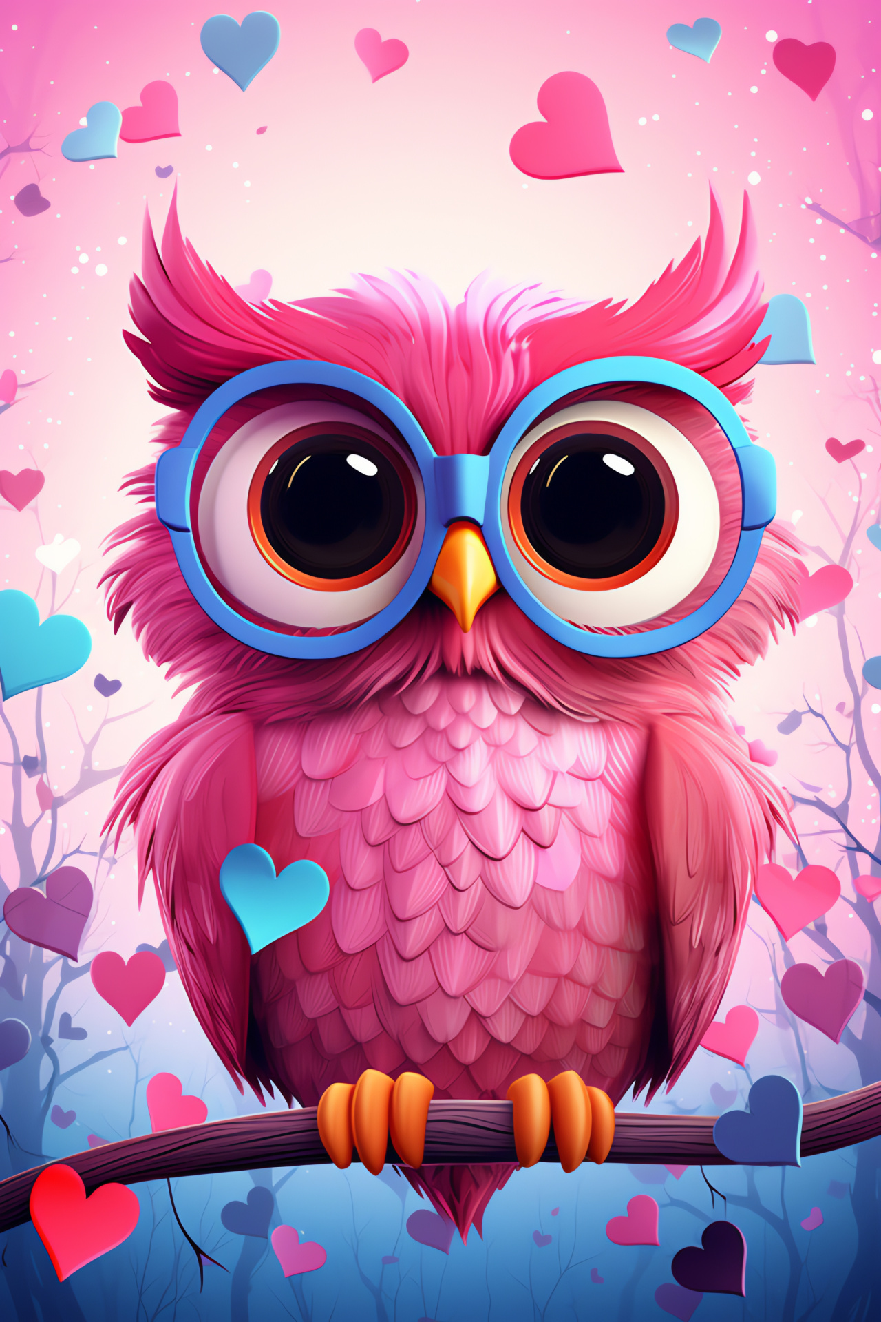 Valentine's owl, Heart-framed vision, Colorful avian, Love celebration, Whimsical bird, HD Phone Image