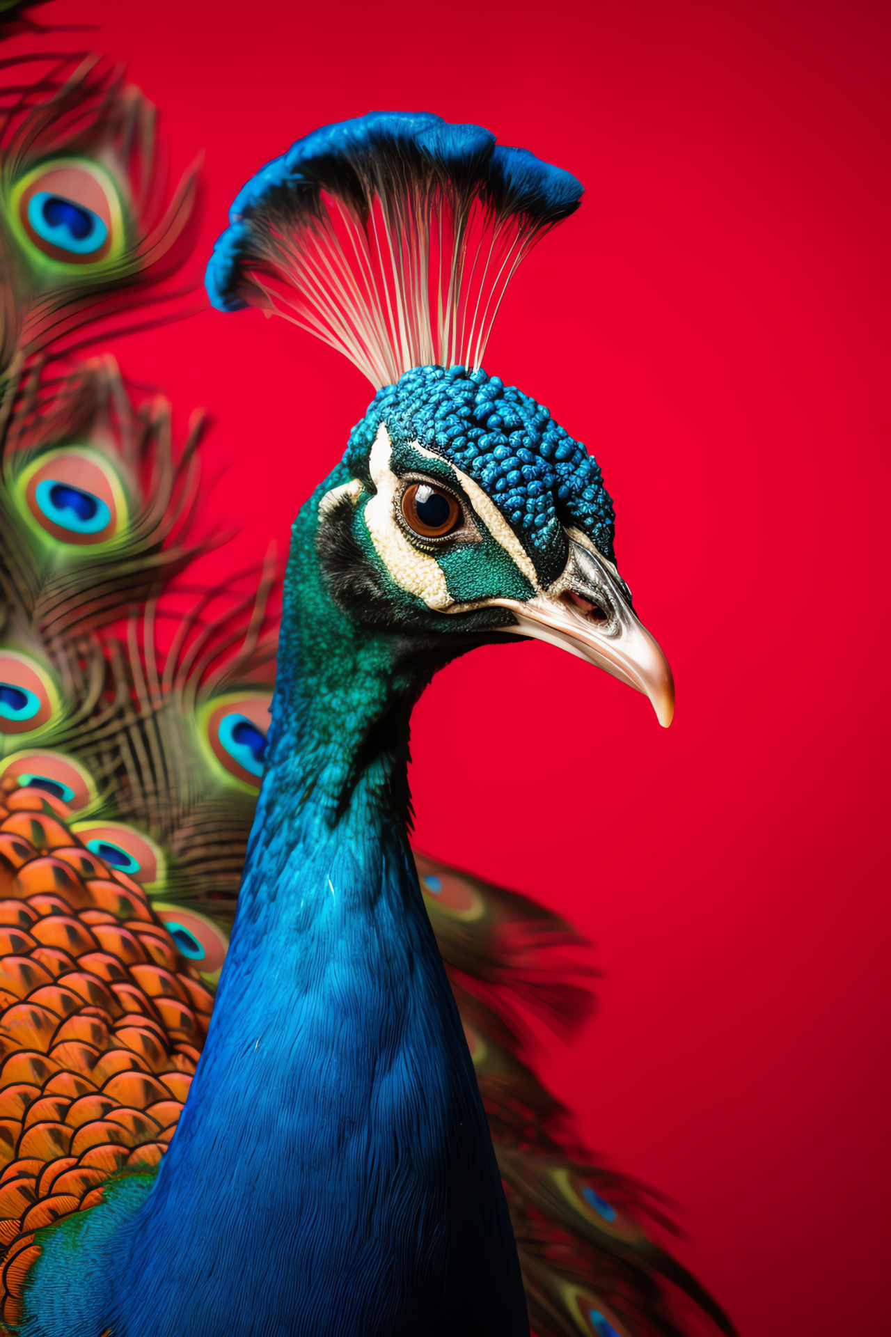 Peacock display, Tail plumage spread, Iridescent feathers, Avian species elegance, Red showcase, HD Phone Wallpaper