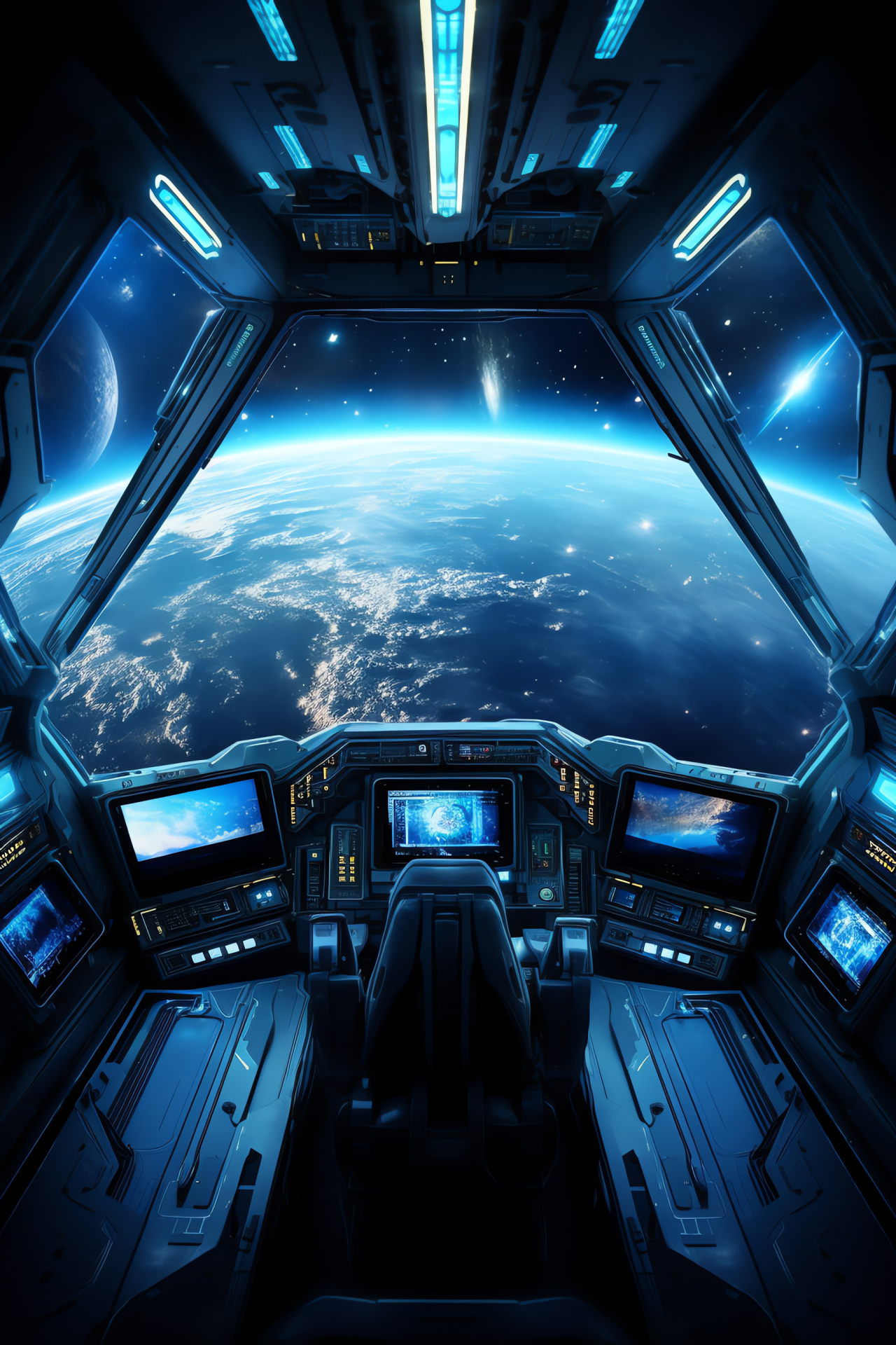 Spacecraft control room, Navigational panels, Starfield observation, Interstellar navigation, Space exploration, HD Phone Image