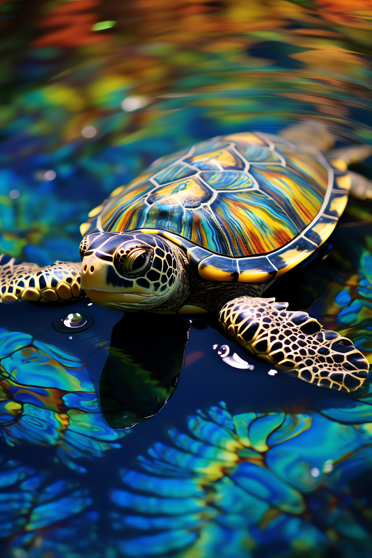 Graceful turtle swimming, Marine reptile, Aquatic designs, Tranquil water surface, HD Phone Image