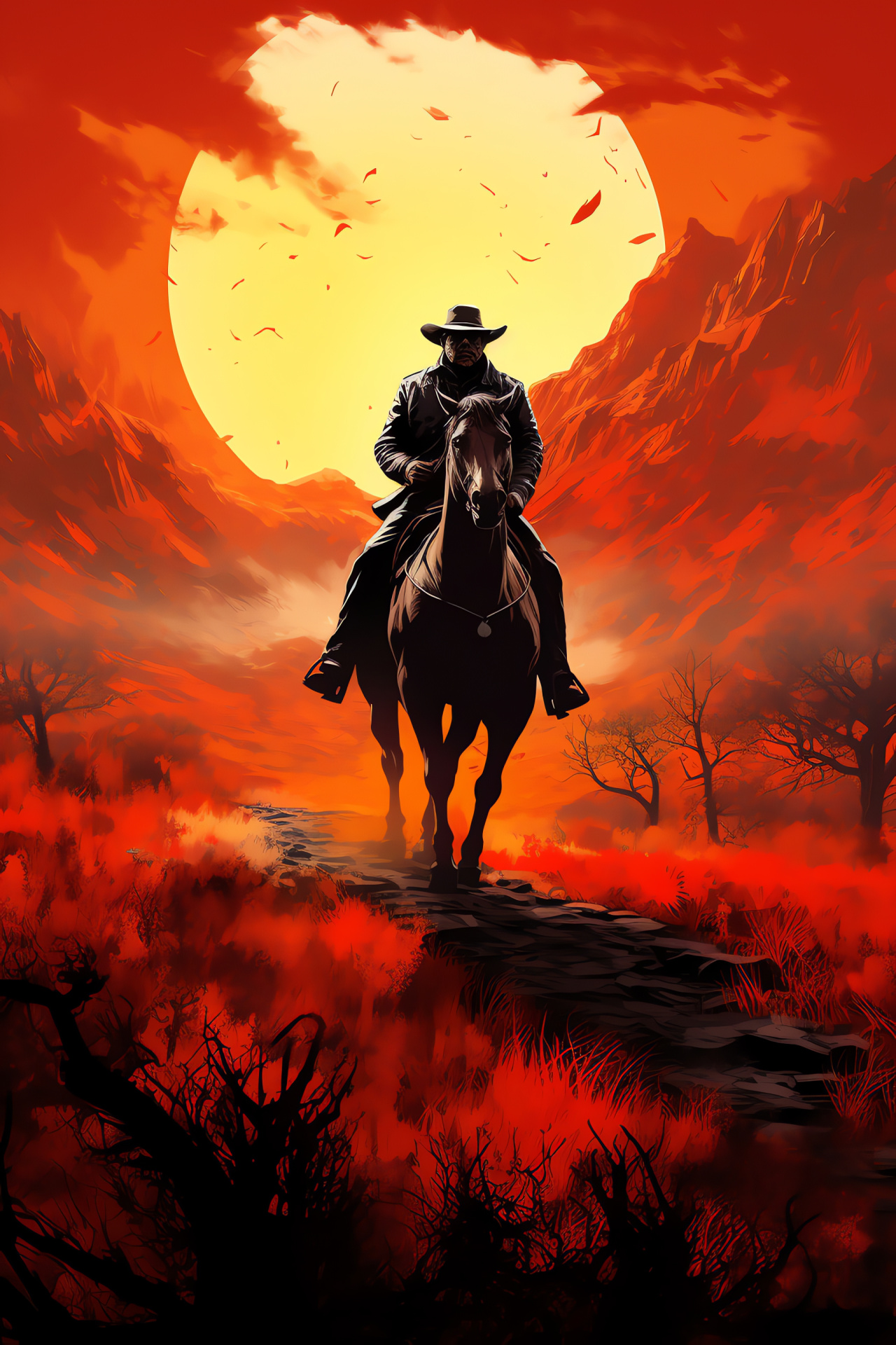 RDR Wild West saga, Mounted cowboy figure, New Hanover location, Steed companion, Outdoor vastness, HD Phone Wallpaper