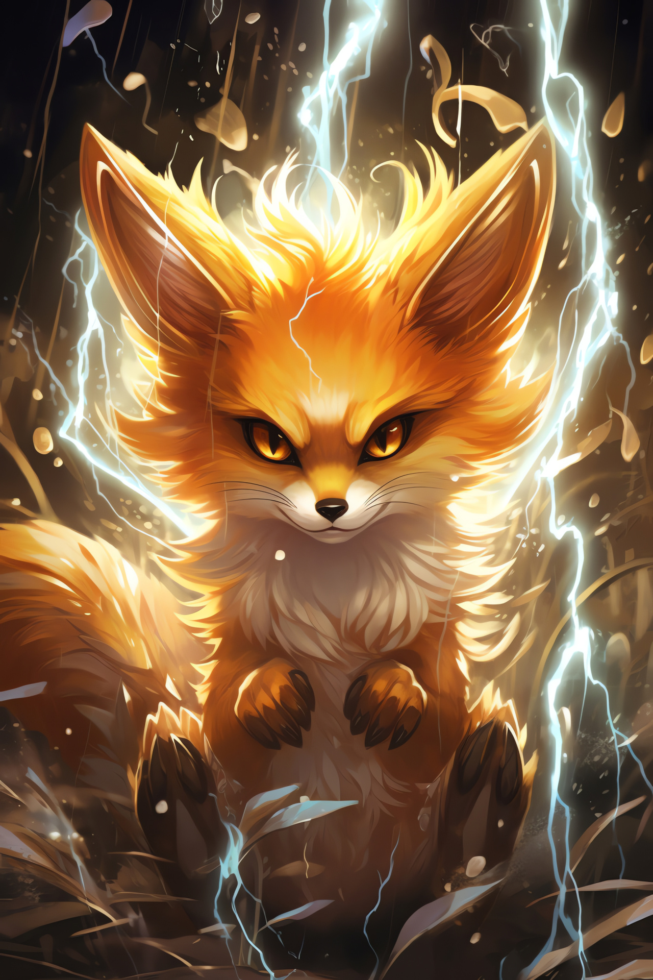 Stormbound Fennekin, Firefox bravery, Metallic copper sheen, Torrential rain ambiance, Nature's fury, HD Phone Image