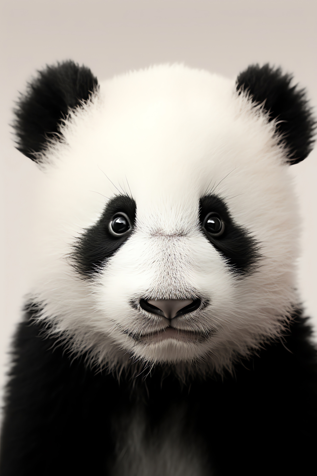 Panda portrait, stark fur, facial closeup, dual-tone backdrop, engaging eyes, HD Phone Image