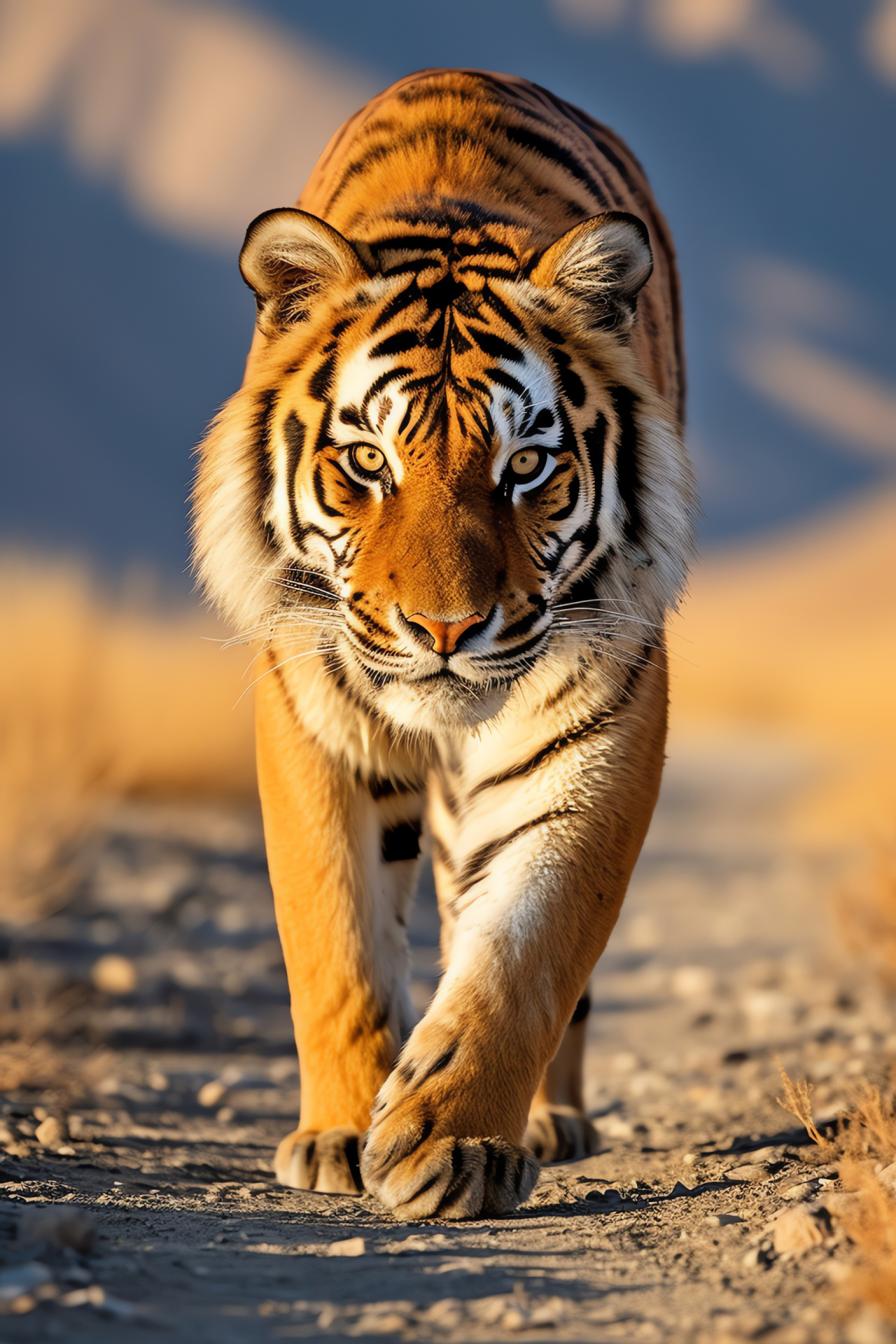 Caspian tiger, deep orange gaze, golden striped fur, dry Central Asian expanse, HD Phone Wallpaper