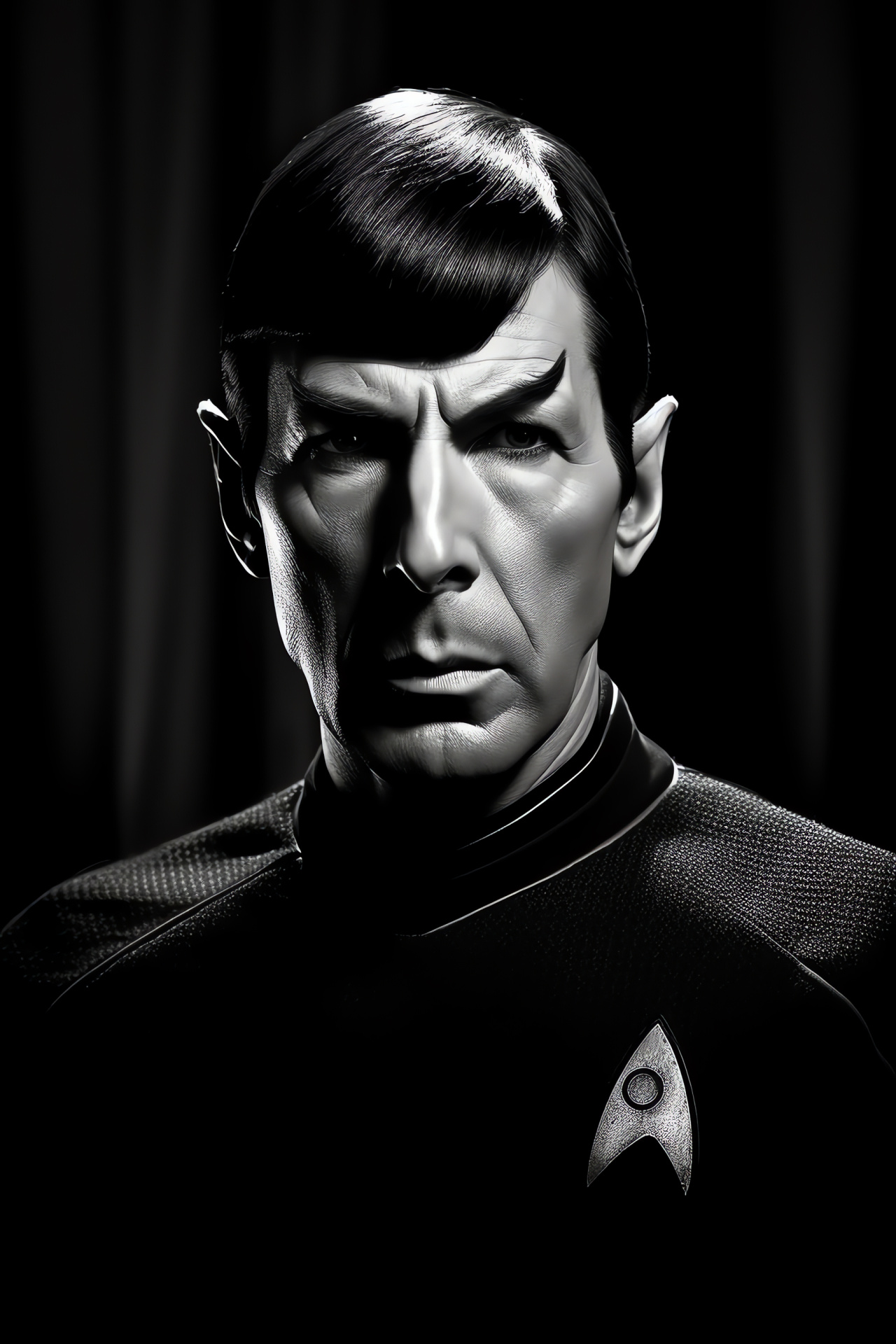 Officer Spock depiction, Elfin Vulcan features, Expressionless Vulcan aspect, Tawny optics, Starfleet duty uniform, HD Phone Wallpaper