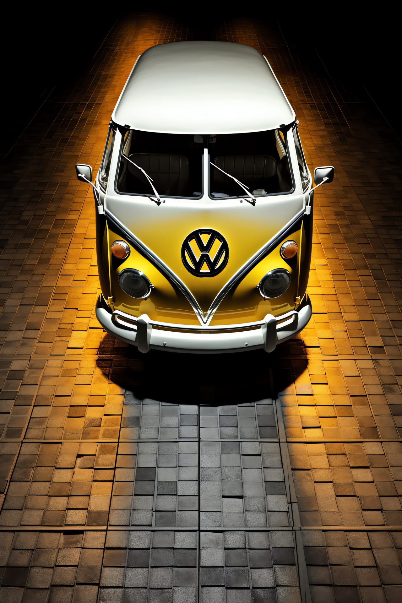 Retro Volkswagen Bus 1967, High view of vintage van, Glowing backdrop for VW, Canary yellow retro charm, Two-tone classic bus, HD Phone Image