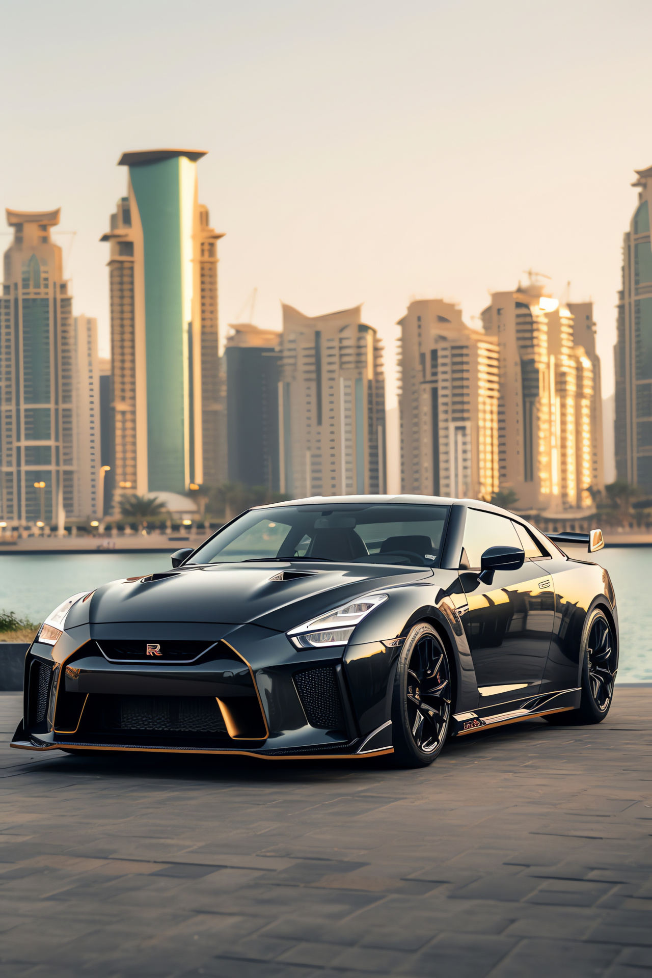 Nissan GTR R35, GT-R50 exclusive, Dubai luxury, Palm Jumeirah vistas, Gilded accentuation, HD Phone Wallpaper