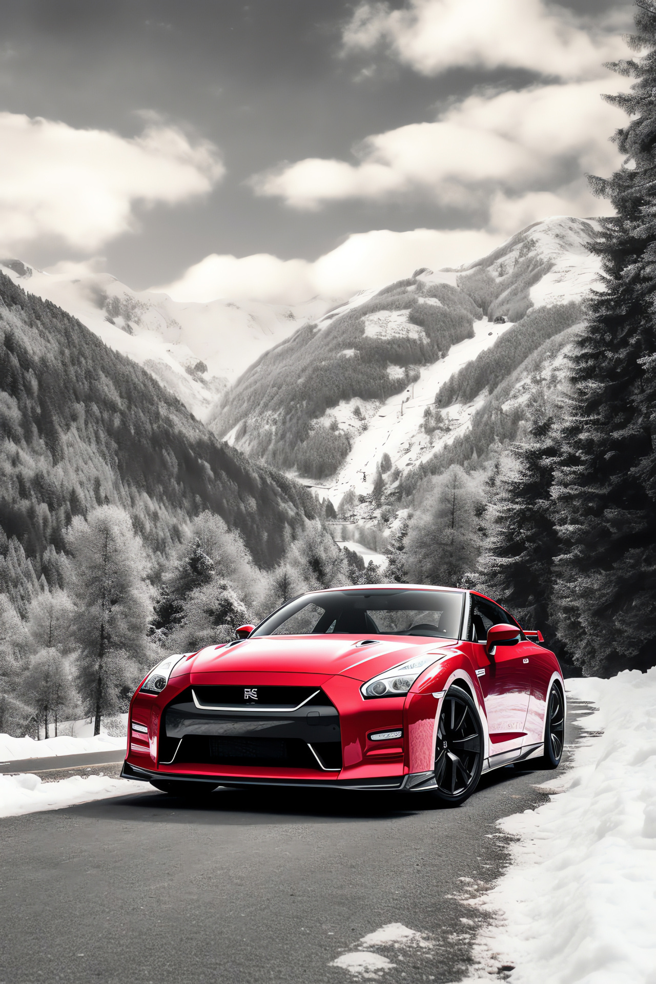 Nissan GTR R35 Skyline Edition, Swiss Mountains, Performance Car, Red Livery, Panoramic Alpine Shot, HD Phone Wallpaper