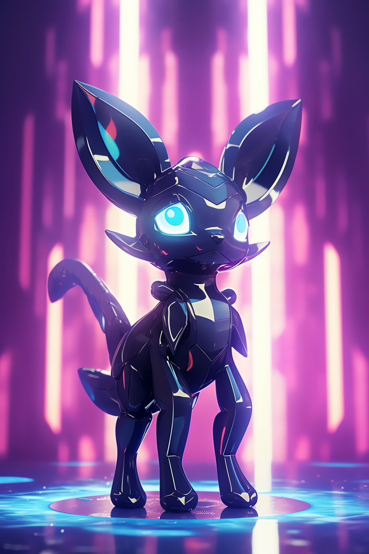 Shiny Umbreon Pokemon, dark-type Eevee evolution, sleek black fur cover, ambient neon lights effect, HD Phone Wallpaper