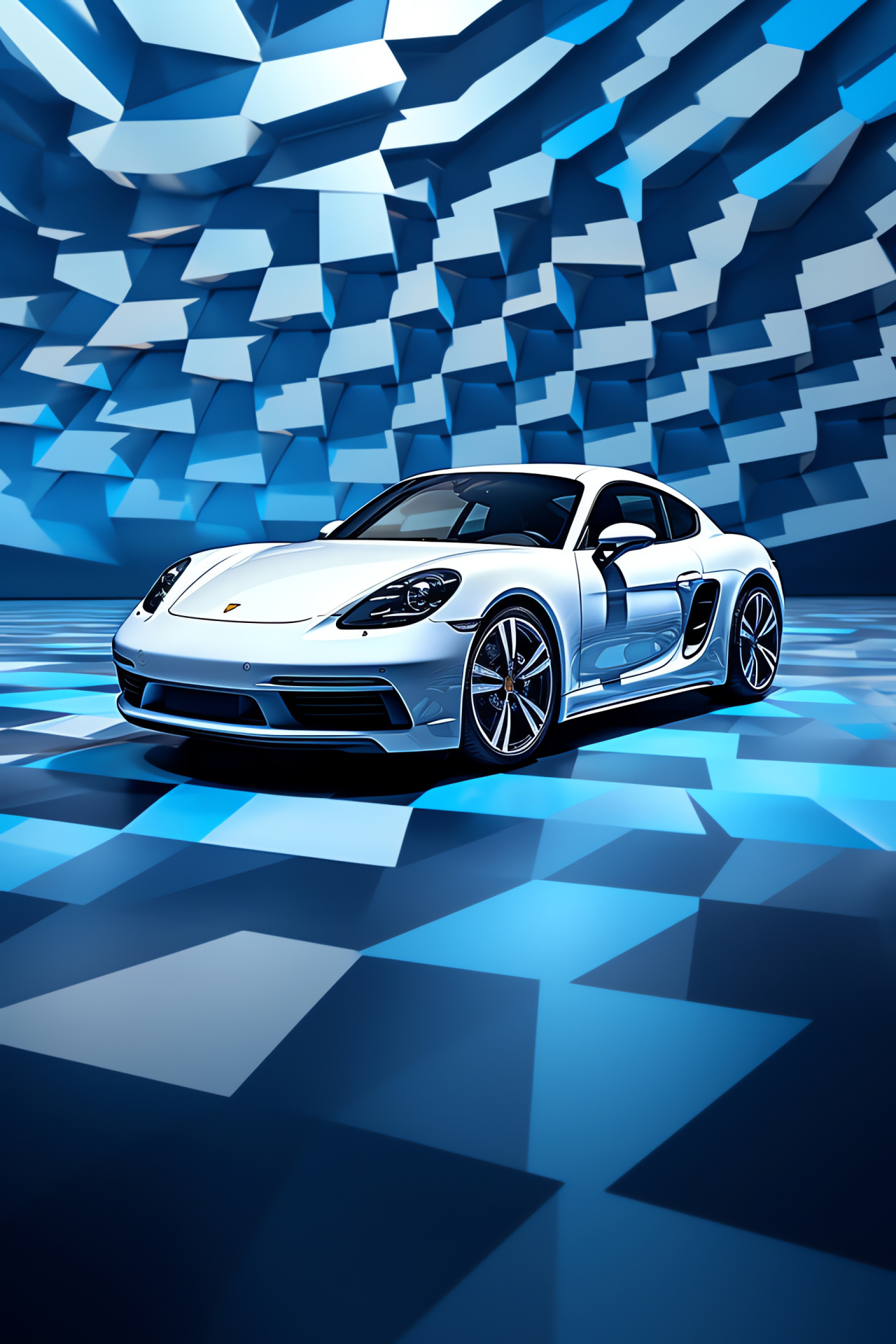 2021 Porsche Cayman S, Urban high view, Metallic silver hue, Blue detailing, Abstract pattern decoration, HD Phone Image