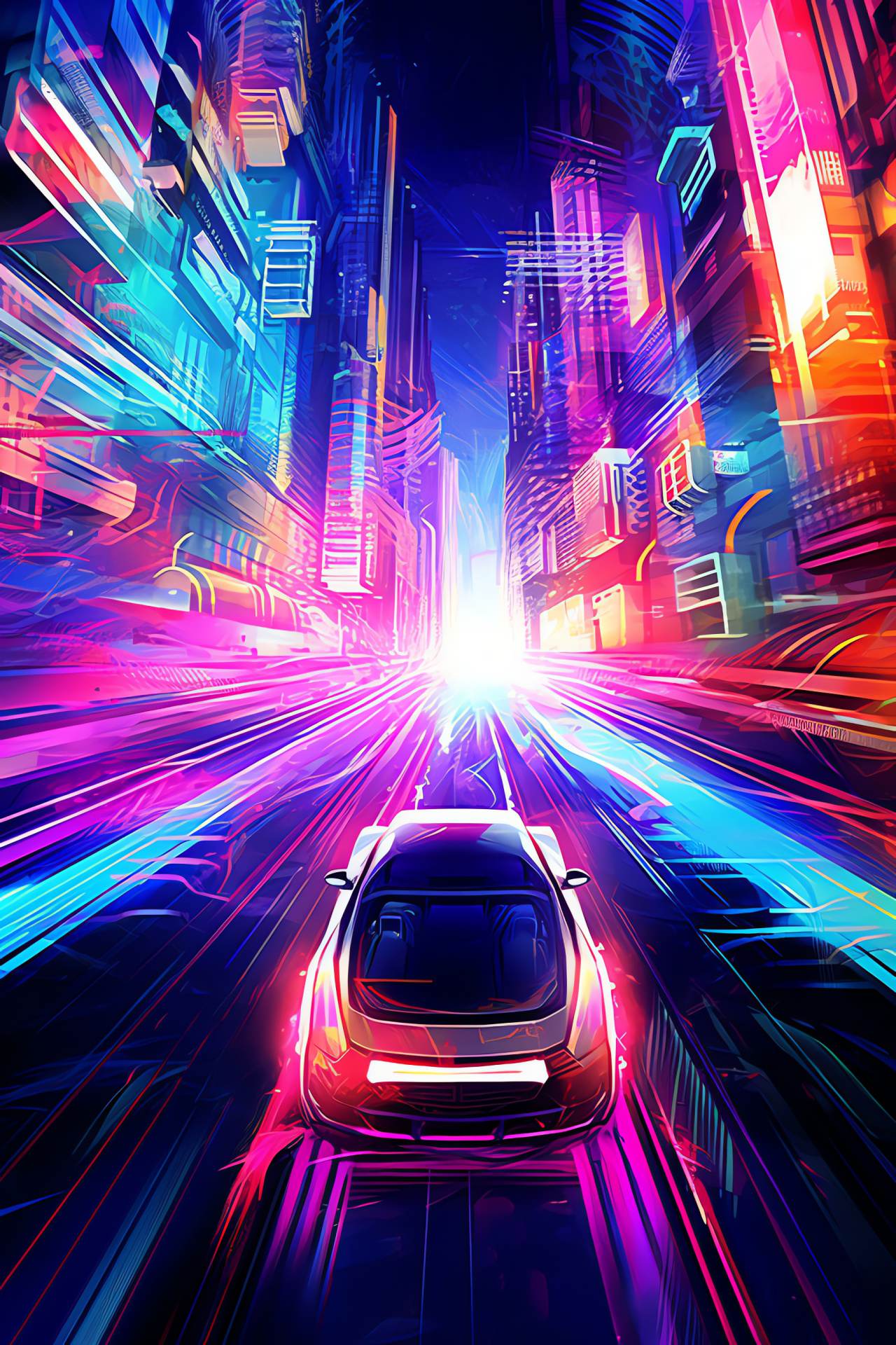 Neon Car, overhead urban shot, holography in city, futuristic signage, metropolitan skyline, HD Phone Image