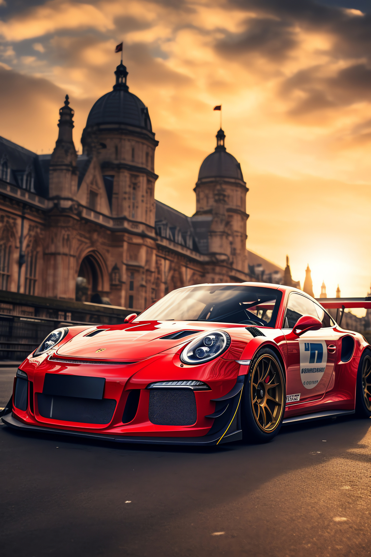 London cityscape, Porsche GT3 Clubsport positioning, Iconic British landmarks, Urban car angle, Distinguished bridges, HD Phone Wallpaper