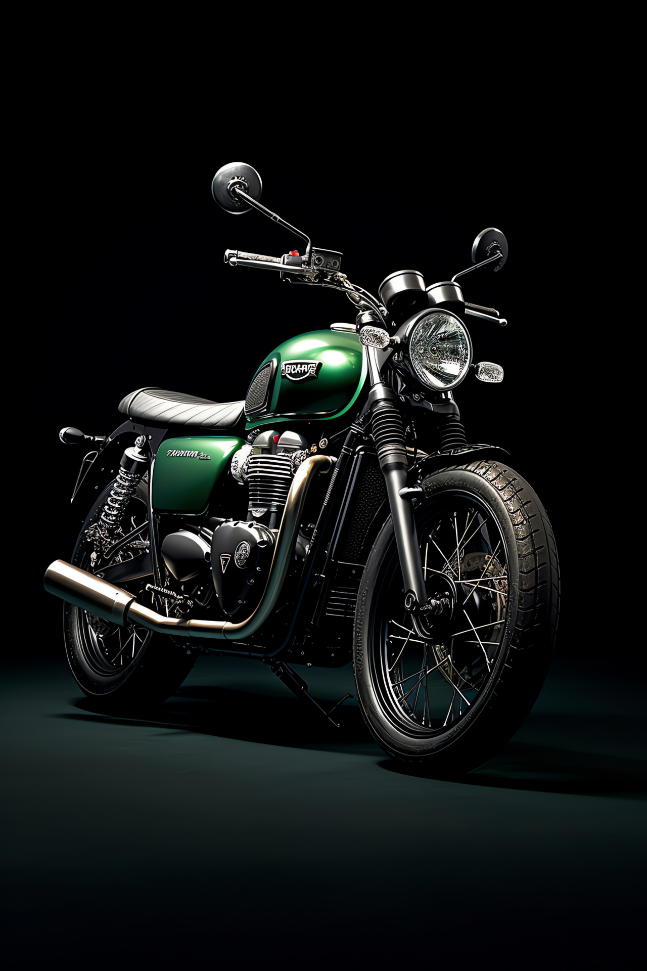 Triumph Bonneville Street Scrambler, Pure green environment, Dark motorcycle frame, High-angled view, Modern classic, HD Phone Image