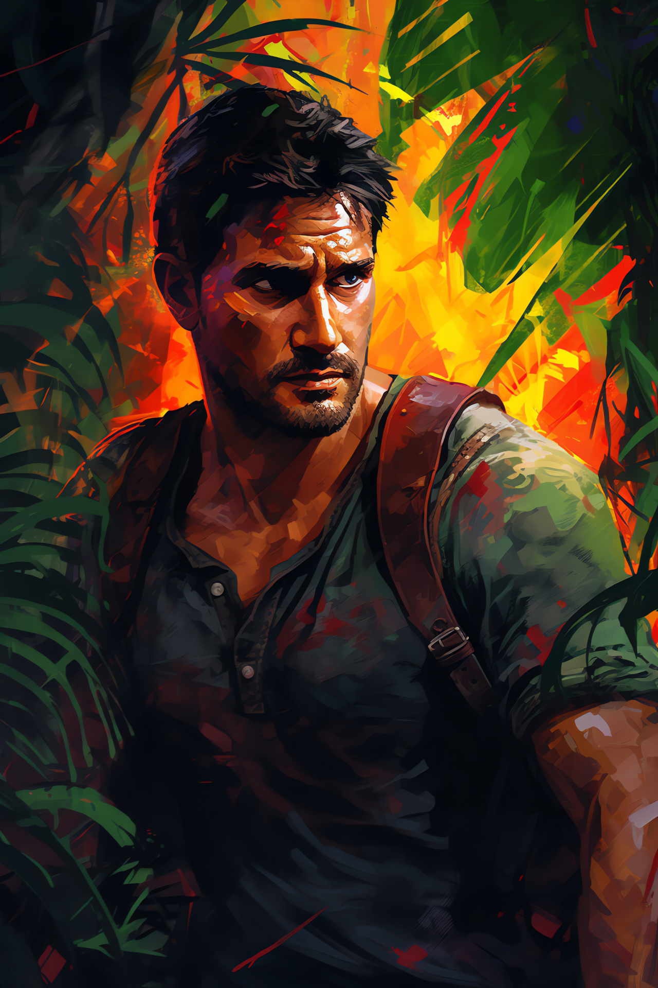 Uncharted 2 jungle scene, Nathan Drake character, Tropical forest, Subterranean exploration, Cryptic symbols, HD Phone Wallpaper