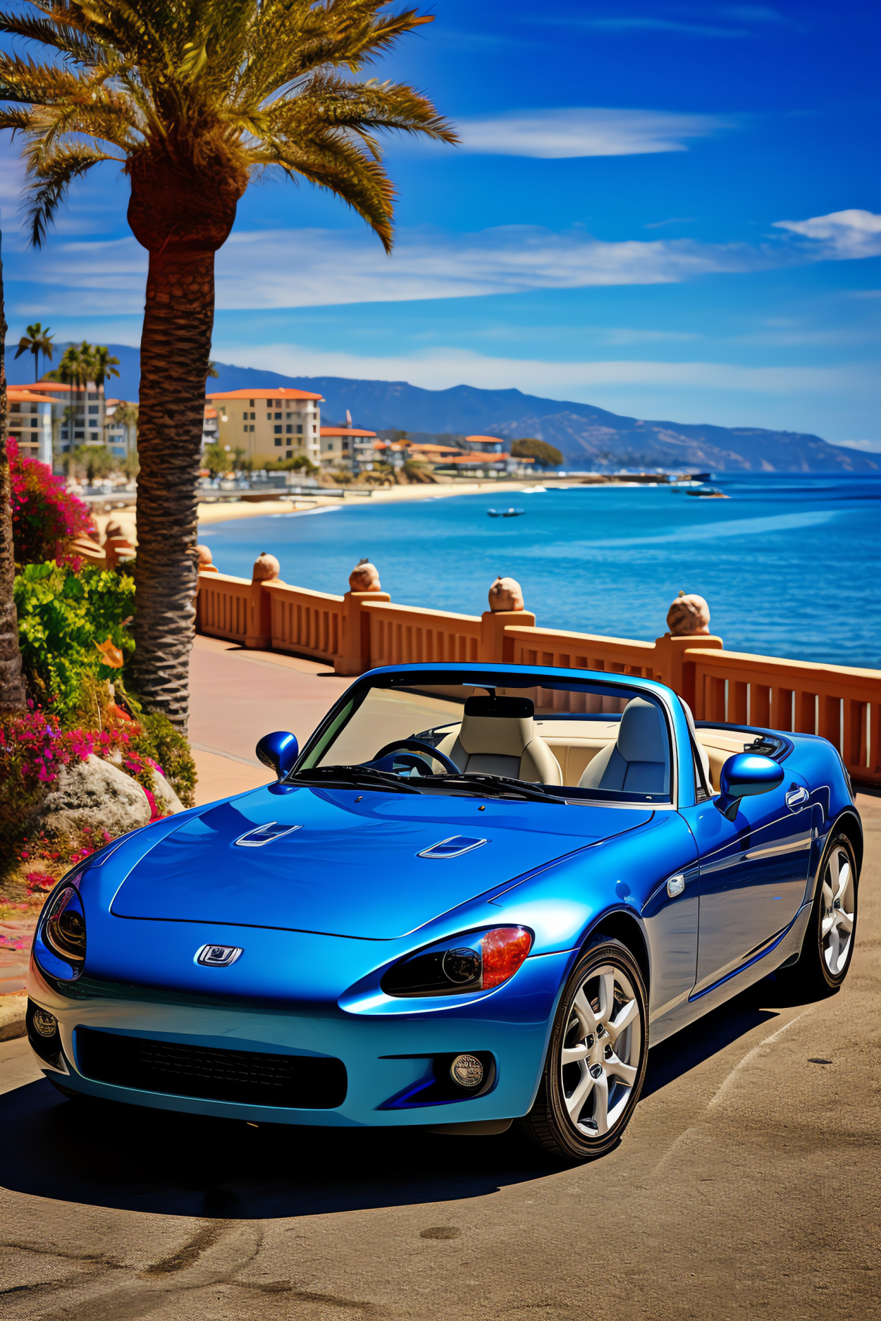 Honda S2000 GT, sea village scene, metallic azure hue, coastal environment, leisure elements, HD Phone Image