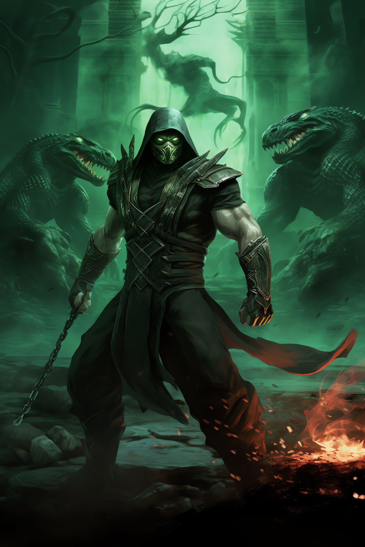 Reptile ninja, Mortal Kombat environment, Stealth-based gear, Ancient ruins backdrop, Toxic gaze, HD Phone Image