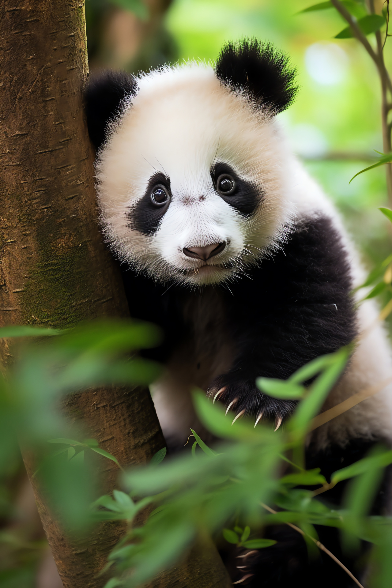 Infant panda, cuddly wildlife, lush bamboo, black and white fur, peaceful forests, HD Phone Image