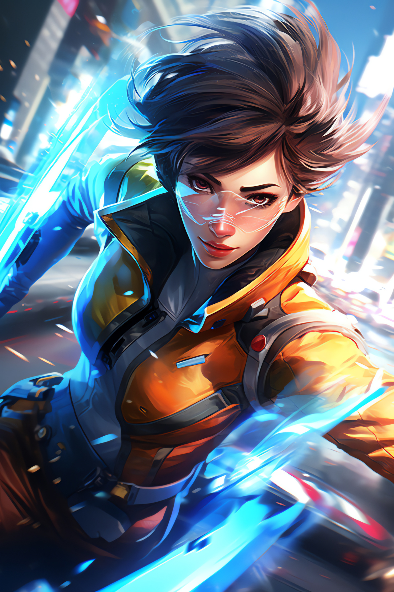 Time-traveling Overwatch Tracer, Dynamic Busan city depiction, Video gaming urbanity, Homage to Korean setting, HD Phone Image