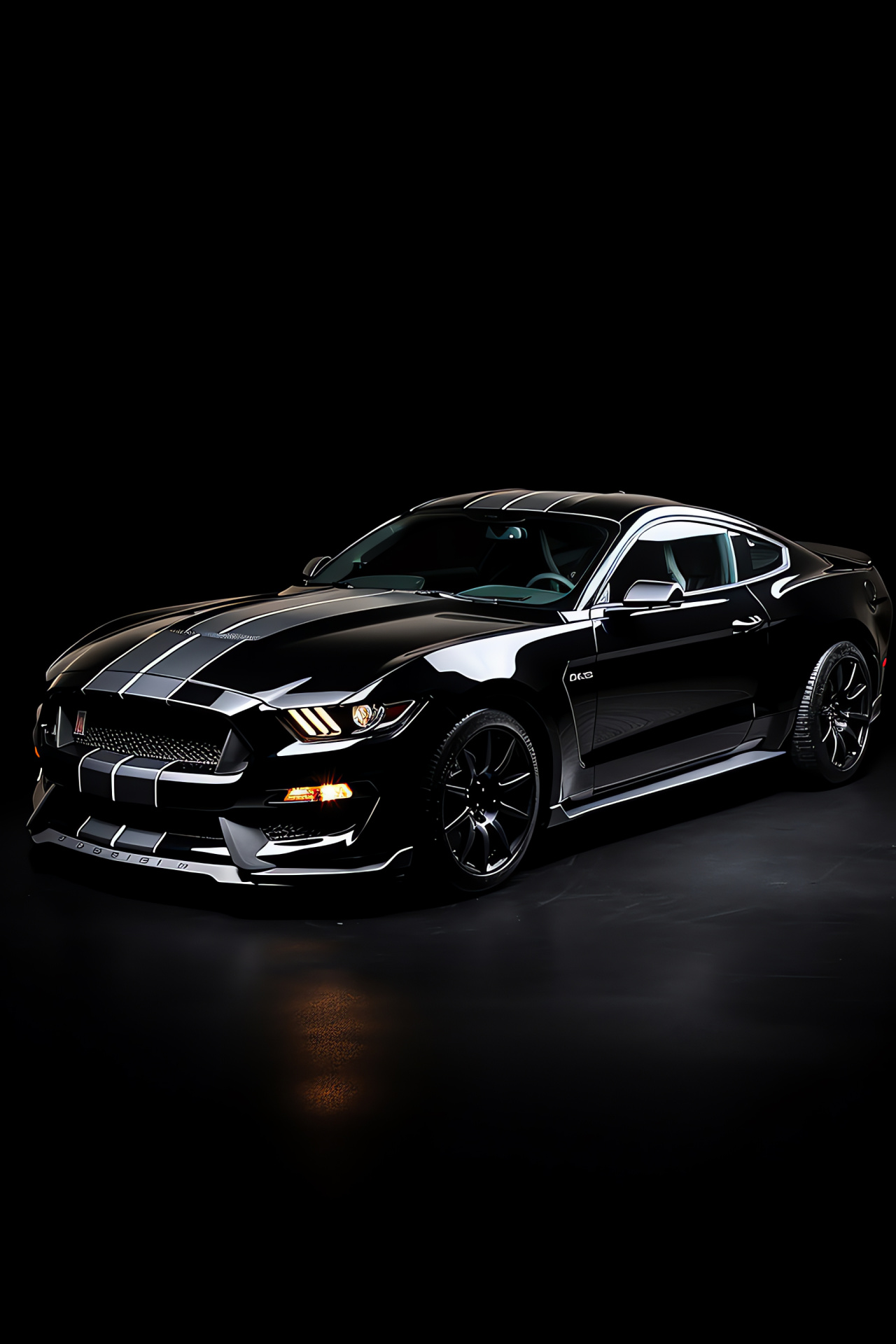 Ford Mustang GT350, Stark black environment, Elevated stance, Sharp contrasts, High-angle sophistication, HD Phone Image