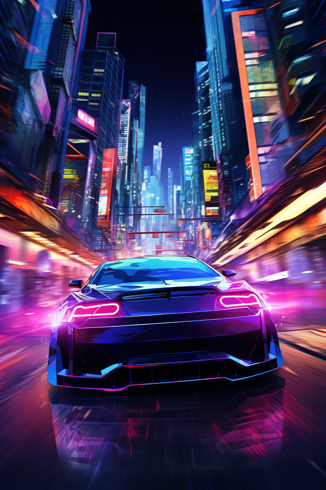 Automotive spectacle, high-angle city perspective, bright city tableau, neon vibrancy, urban illumination, HD Phone Wallpaper