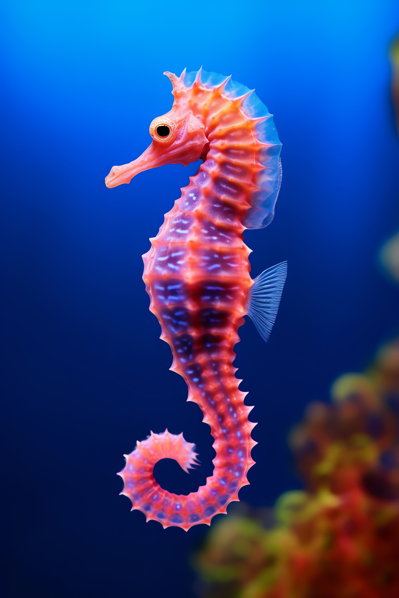 Vibrant Sea Horse, orange marine life, diagonal positioning, contrasting backdrop, coral reefs, HD Phone Wallpaper