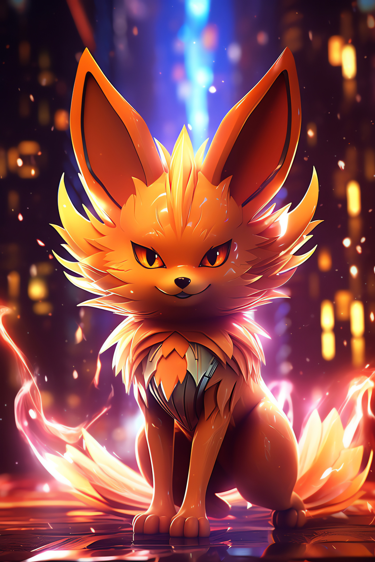 Inferno Fennekin, Combustion creature, Intense focus, Radiant orange hues, Neon line design, HD Phone Wallpaper