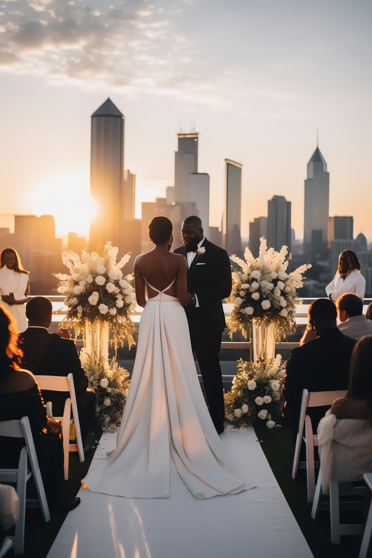 Urban wedding, Skyscraper venue, Altitude rite, Evening vows, Cityscape horizon, HD Phone Image