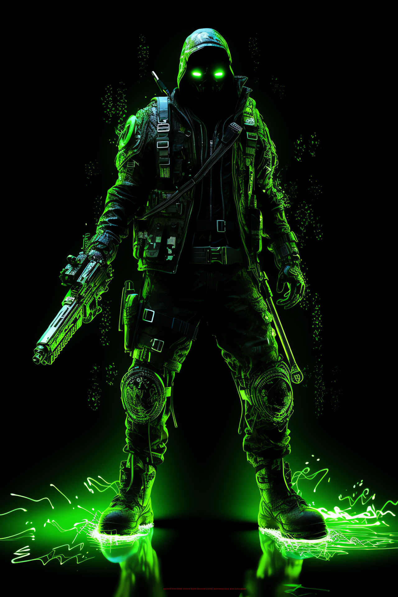 Simon 'Ghost' Riley depiction, Piercing green glance, Tactical attire, Armed with pistols, Monochromatic theme, HD Phone Image