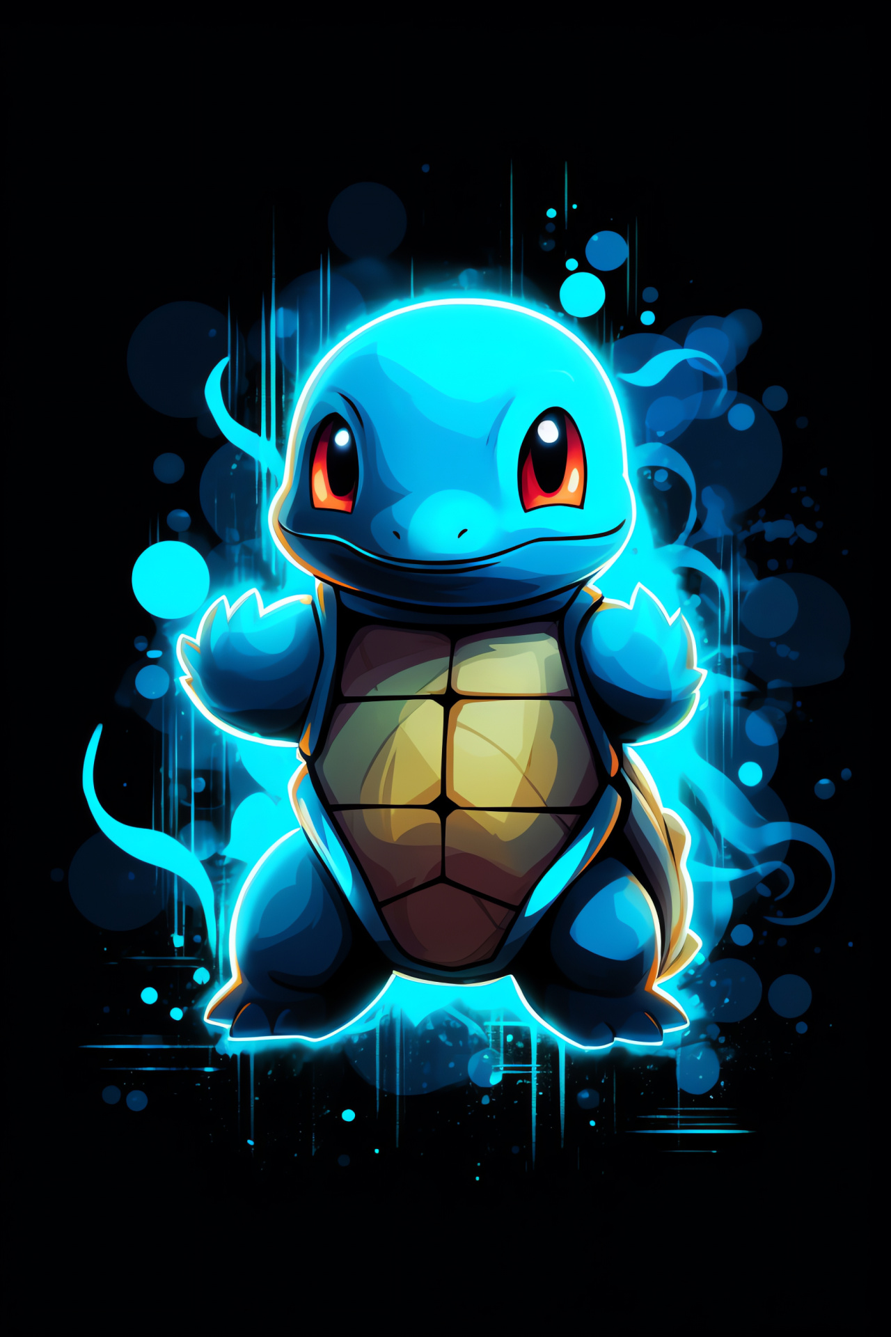 Squirtle's water prowess, aquatic blue shell, wide-eyed expression, Water Gun attack, glowing backdrop, HD Phone Image