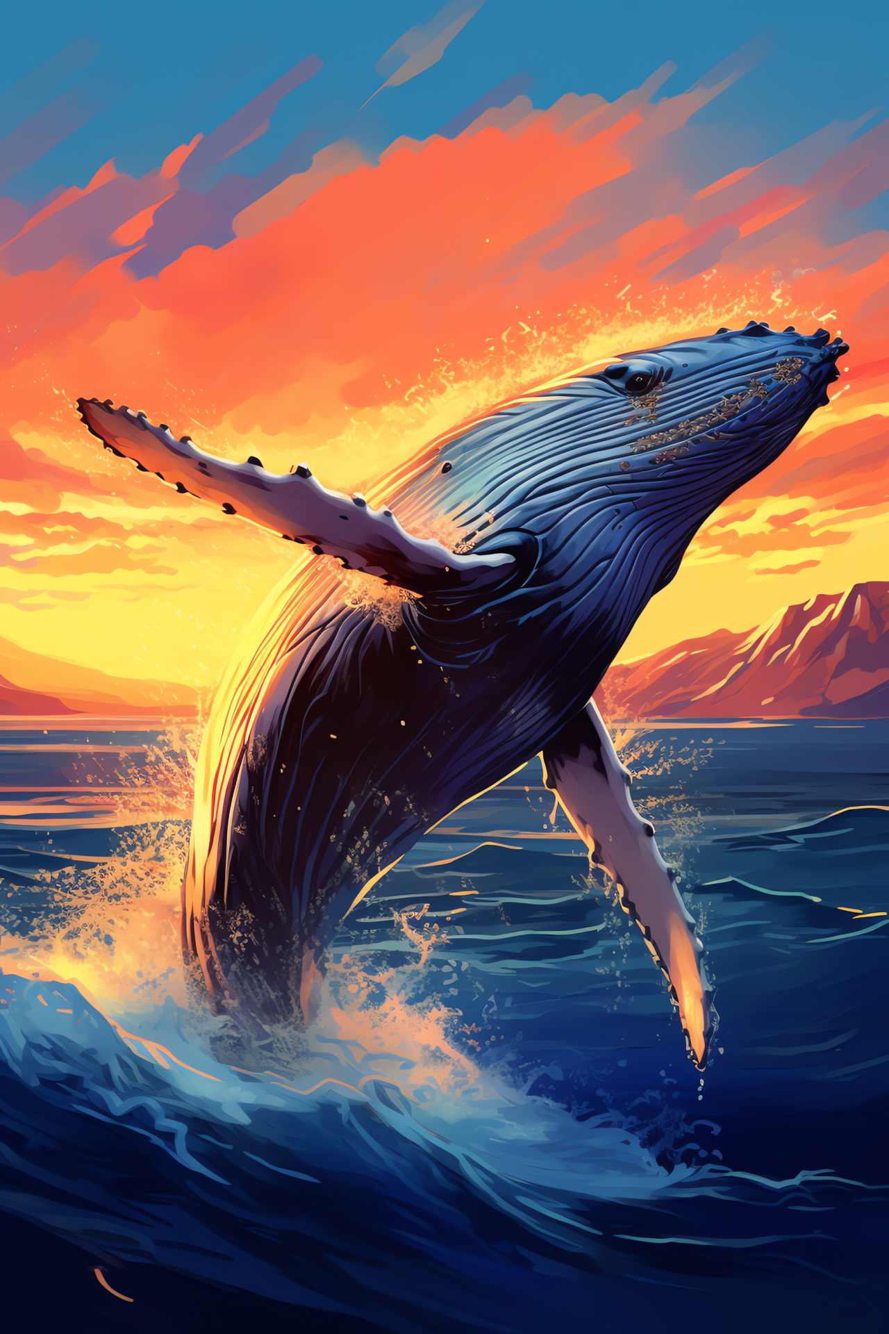 Aquatic breacher, Humpback Whale, Marine surface, Gleaming light, Oceanic splendor, HD Phone Image