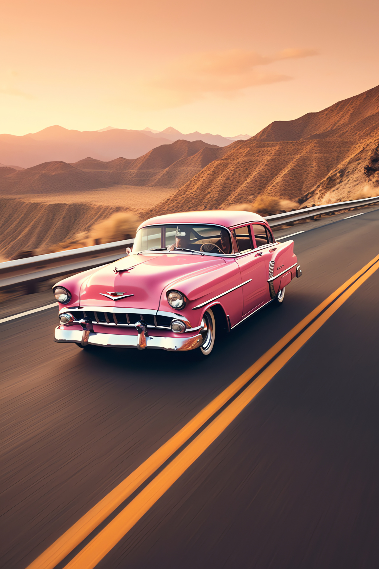 Roseate classic cars, Retro side profile, Lonely roads, Verdant terrain, Open skies, HD Phone Wallpaper