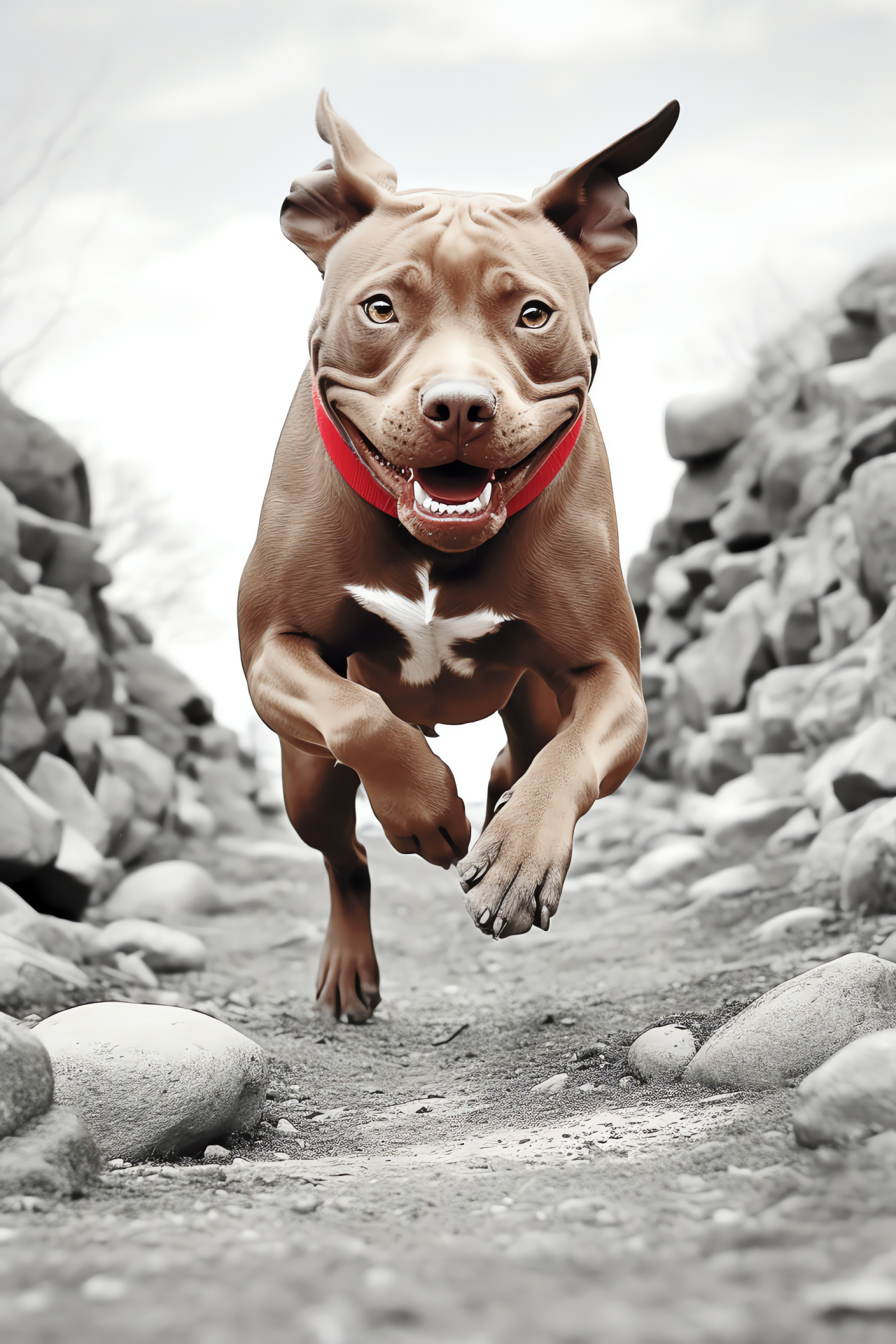 Red Nose Pitbull named Cooper, broad view, contrasting black and white coat, minimalist two-tone setting, HD Phone Image