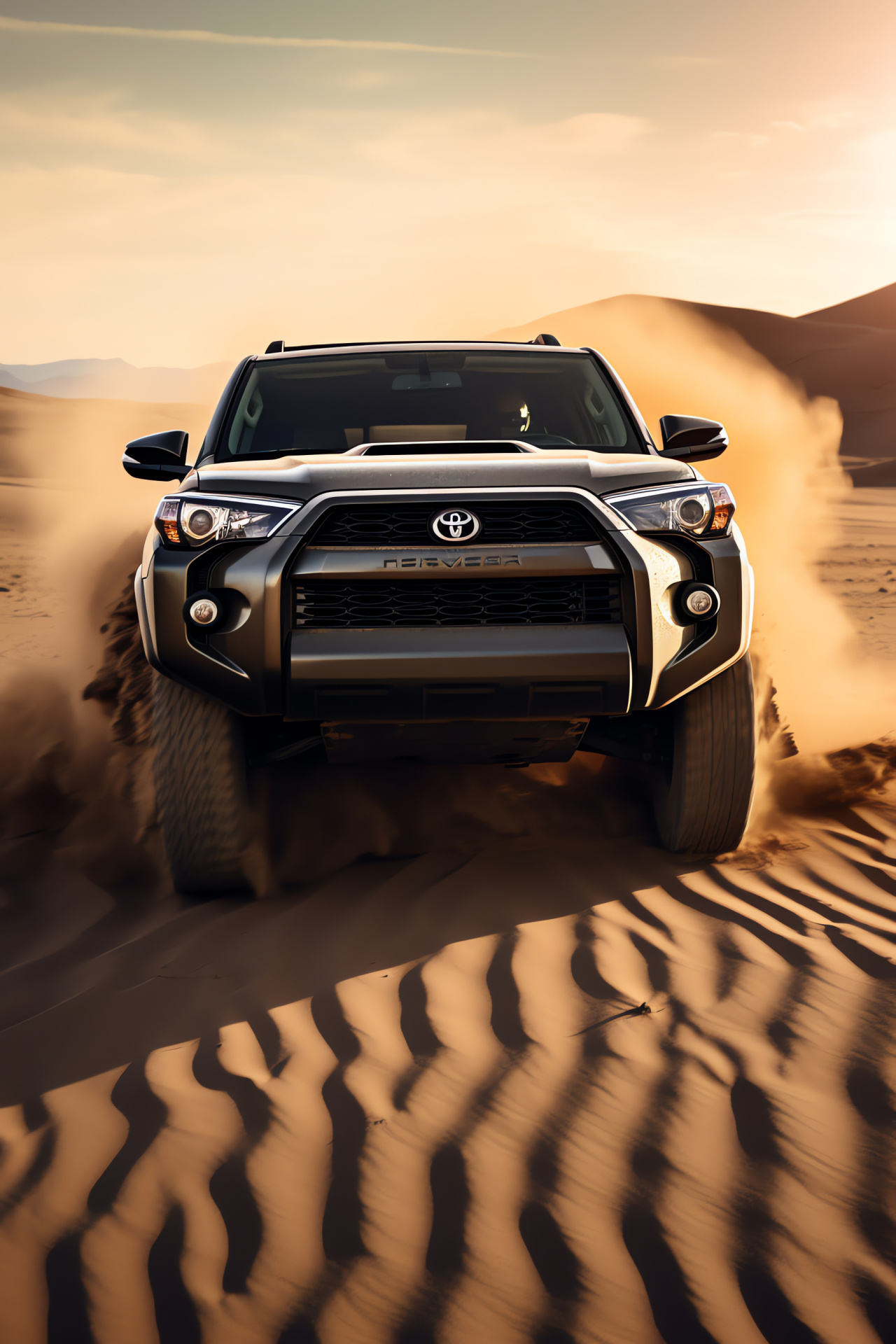 Toyota TRD Pro 4Runner, Desert terrain, Off-road performance, Dusty tire trails, Grille design emphasis, HD Phone Image