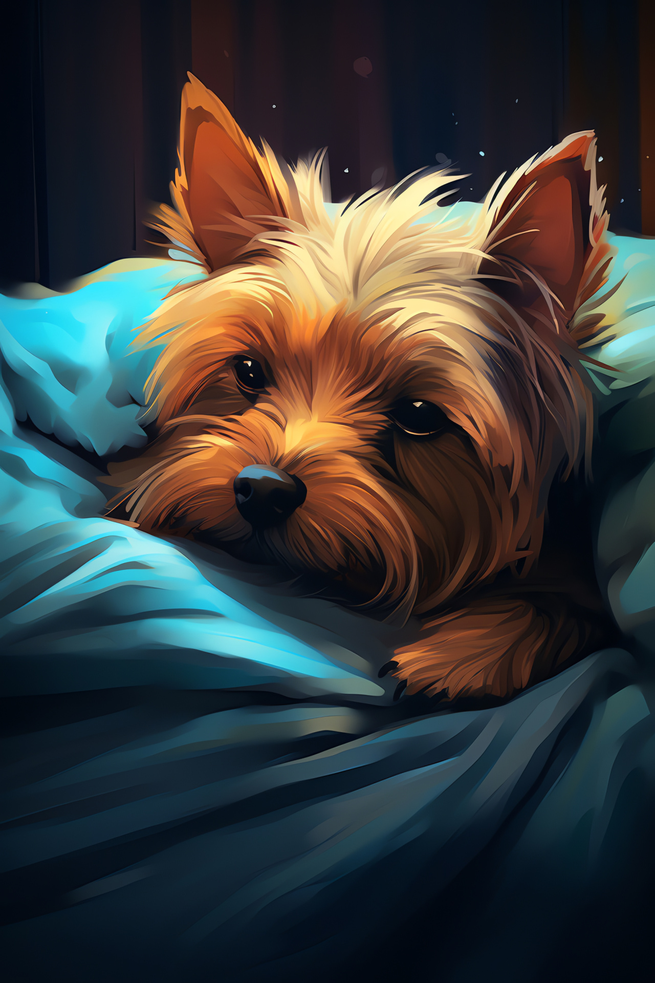 Slumbering Yorkshire Terrier, dreamy pet, subdued grey white fur, tranquil domestic puppy, soft fur coat, HD Phone Image