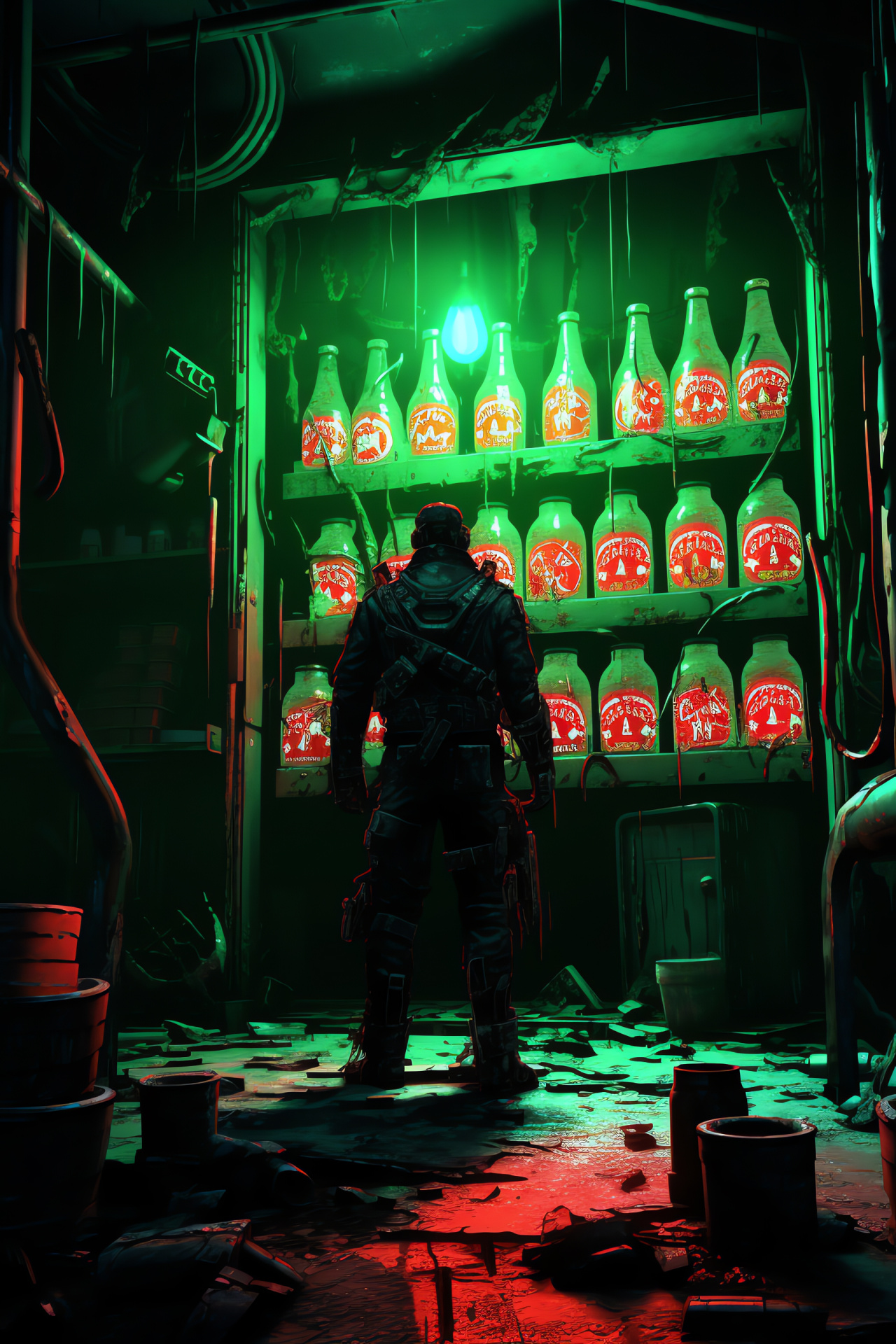 Apocalyptic Nuka Cola, Resolute wasteland survivor, Fallout shelter, Luminescent underground world, Survivalist essentials, HD Phone Wallpaper