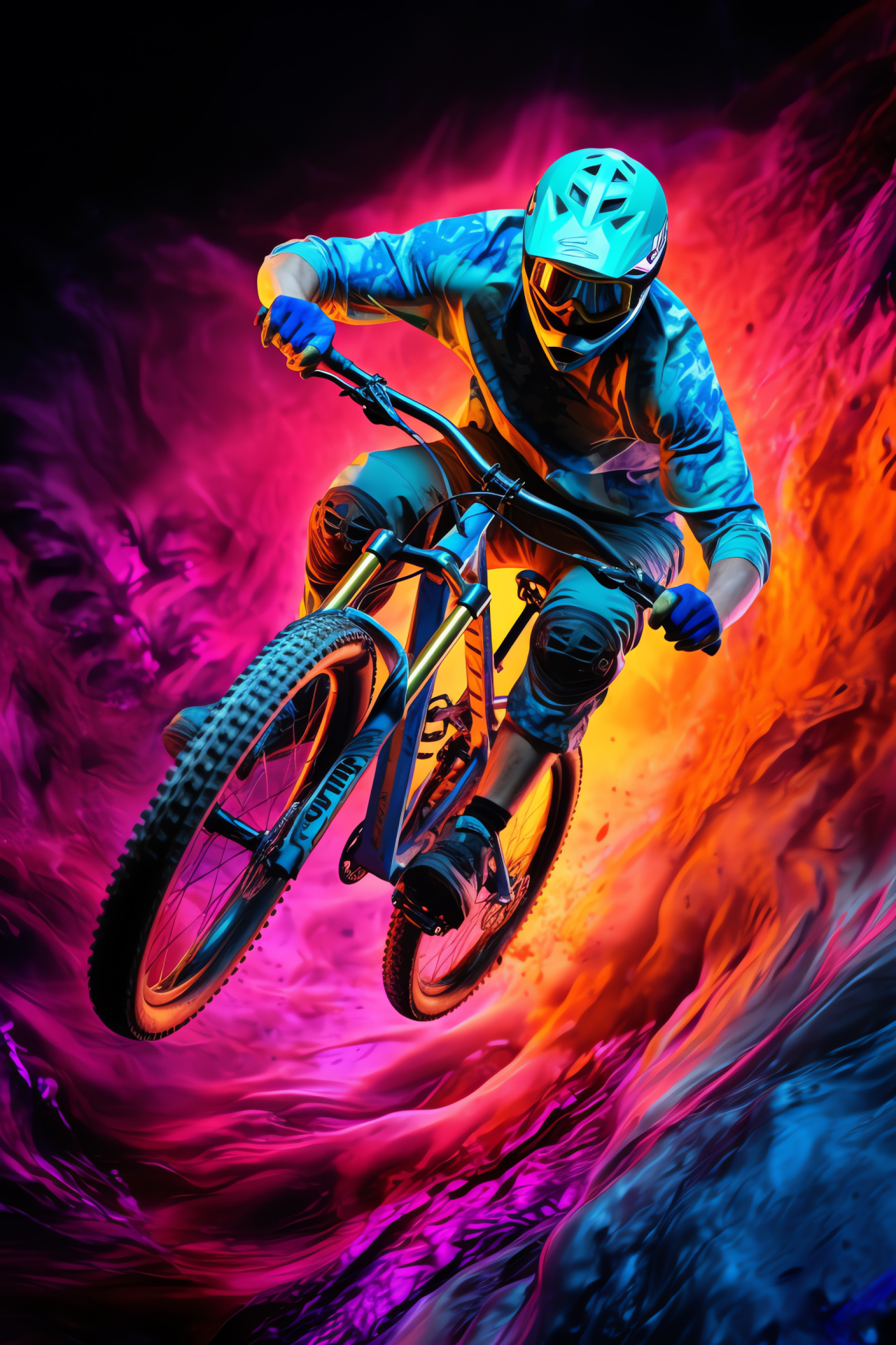 Mountain bike vibrant colors, Biker mid-jump silhouette, Neon trails effect, Dynamic outdoor sports, Gravity-defying biking, HD Phone Image