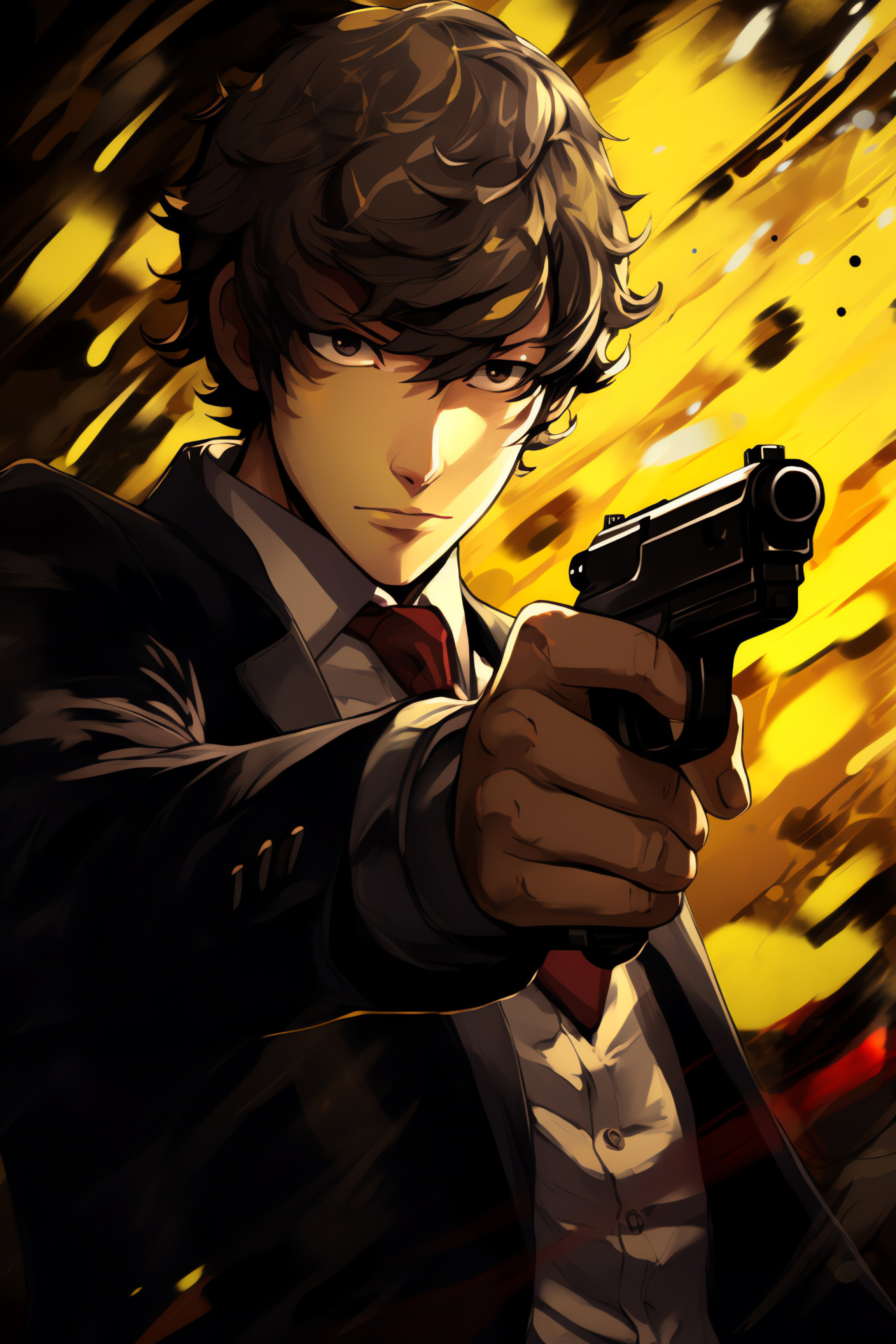 Intense gameplay, Conflict portrayal, Firearm element, Adachi figure, Game climax scene, HD Phone Image