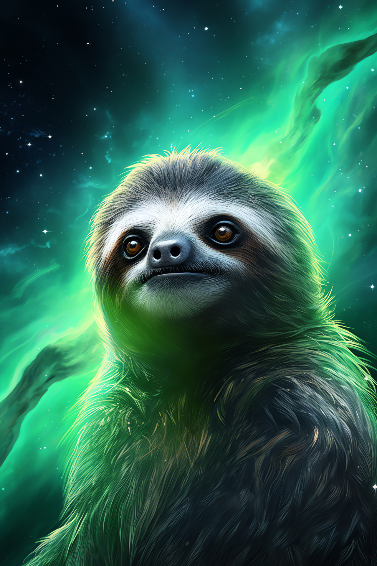 Fantastical Space Sloth, Emerald gaze, Silver-furred, Cosmic gas whirls, Starry animal depiction, HD Phone Wallpaper