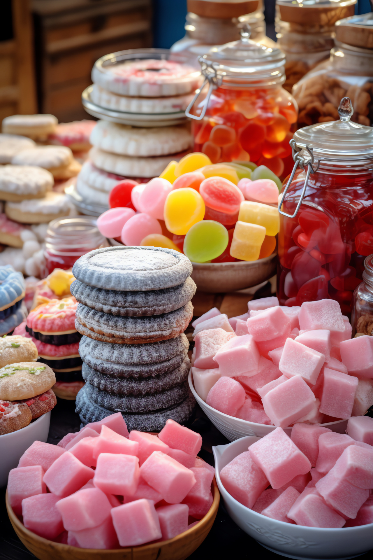 Sweet treats arrangement, Fluffy candy floss, Assorted baked cookies, Fruit preserves, Market food visuals, HD Phone Image