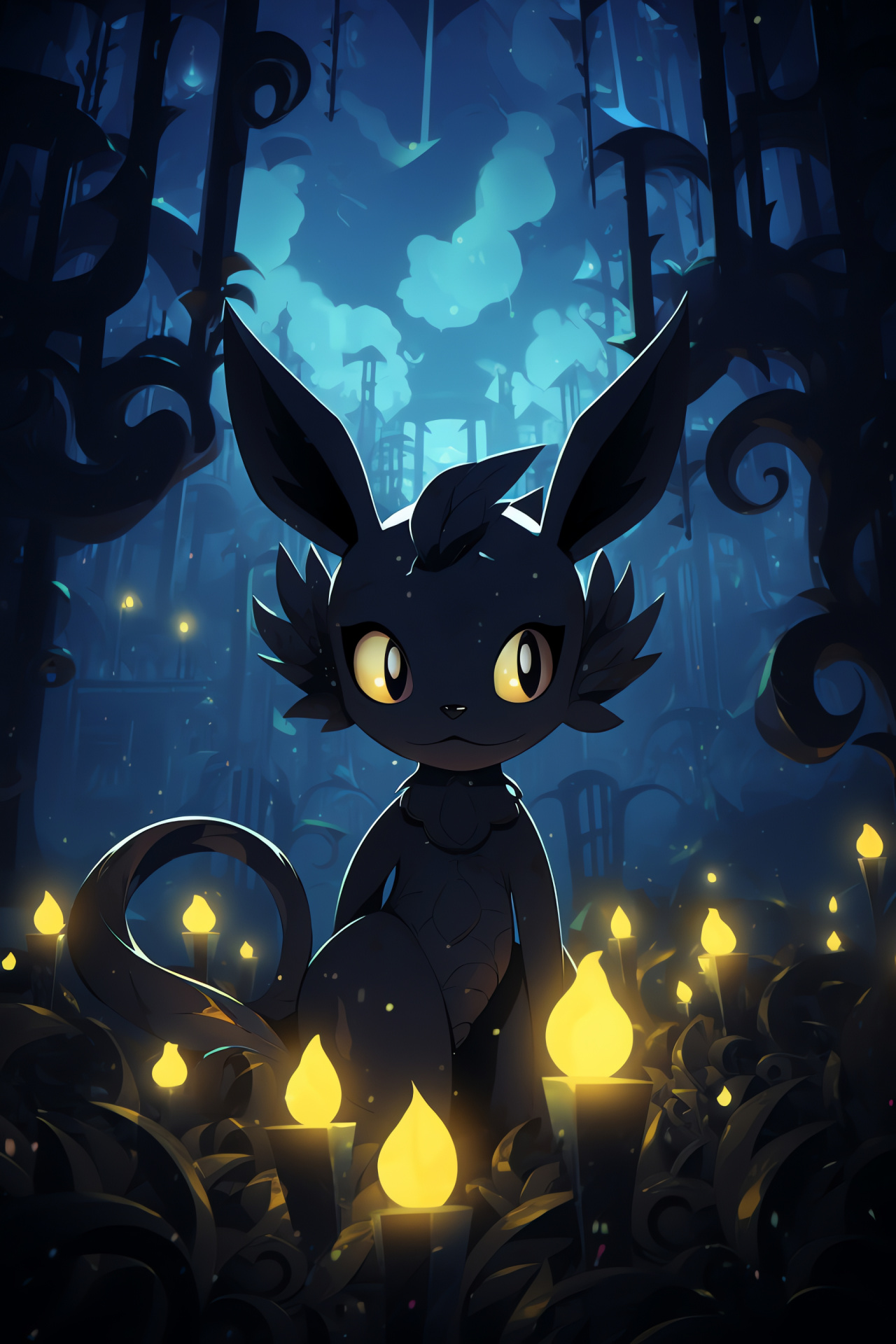 Pokemon Umbreon, nocturnal setting, Eevee evolution, Dark-type Pokemon, Moonlight ambiance, HD Phone Image