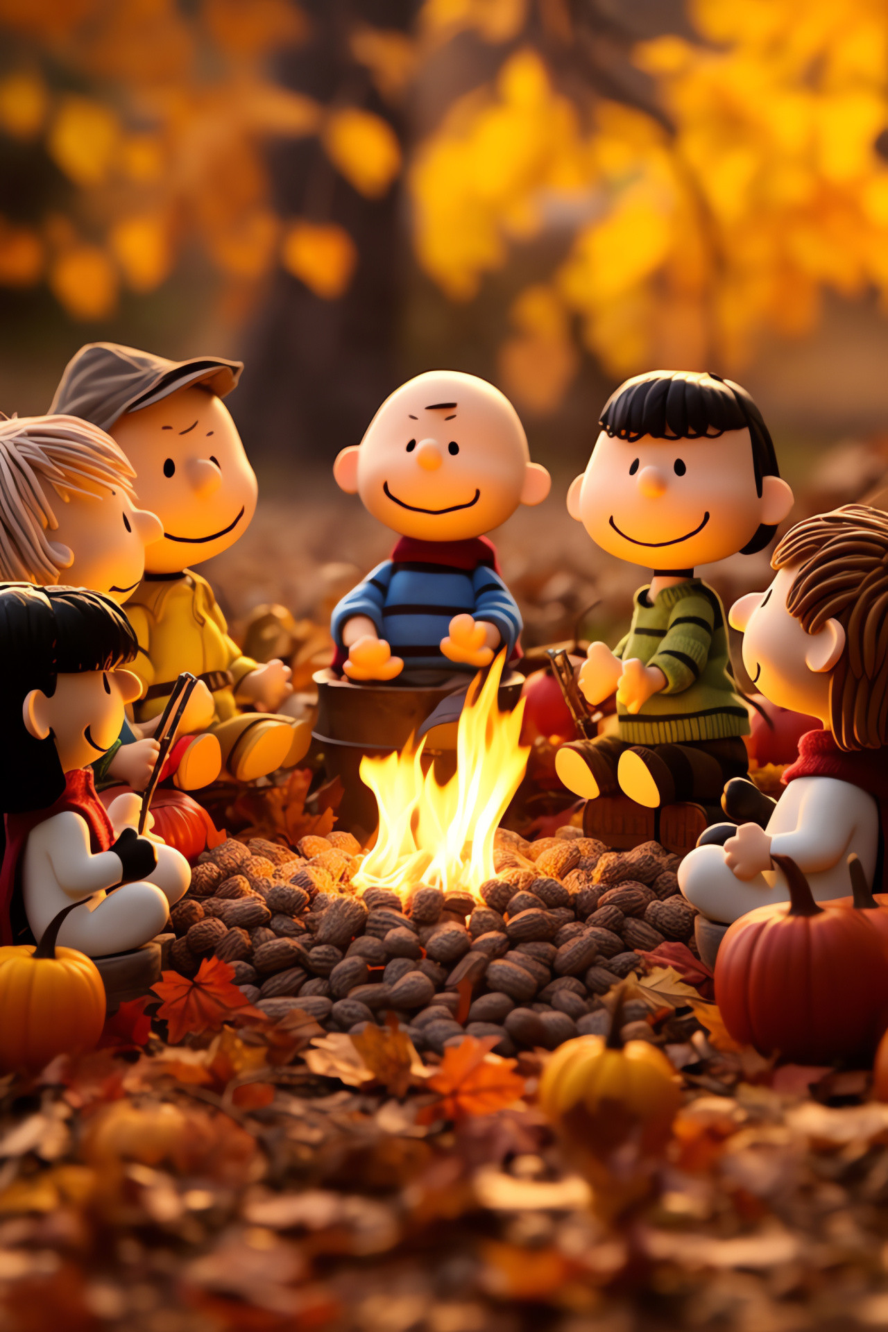 Thanksgiving with cartoon characters, friendly gathering, bonfire warmth, festive treats, delightful friendship, HD Phone Image