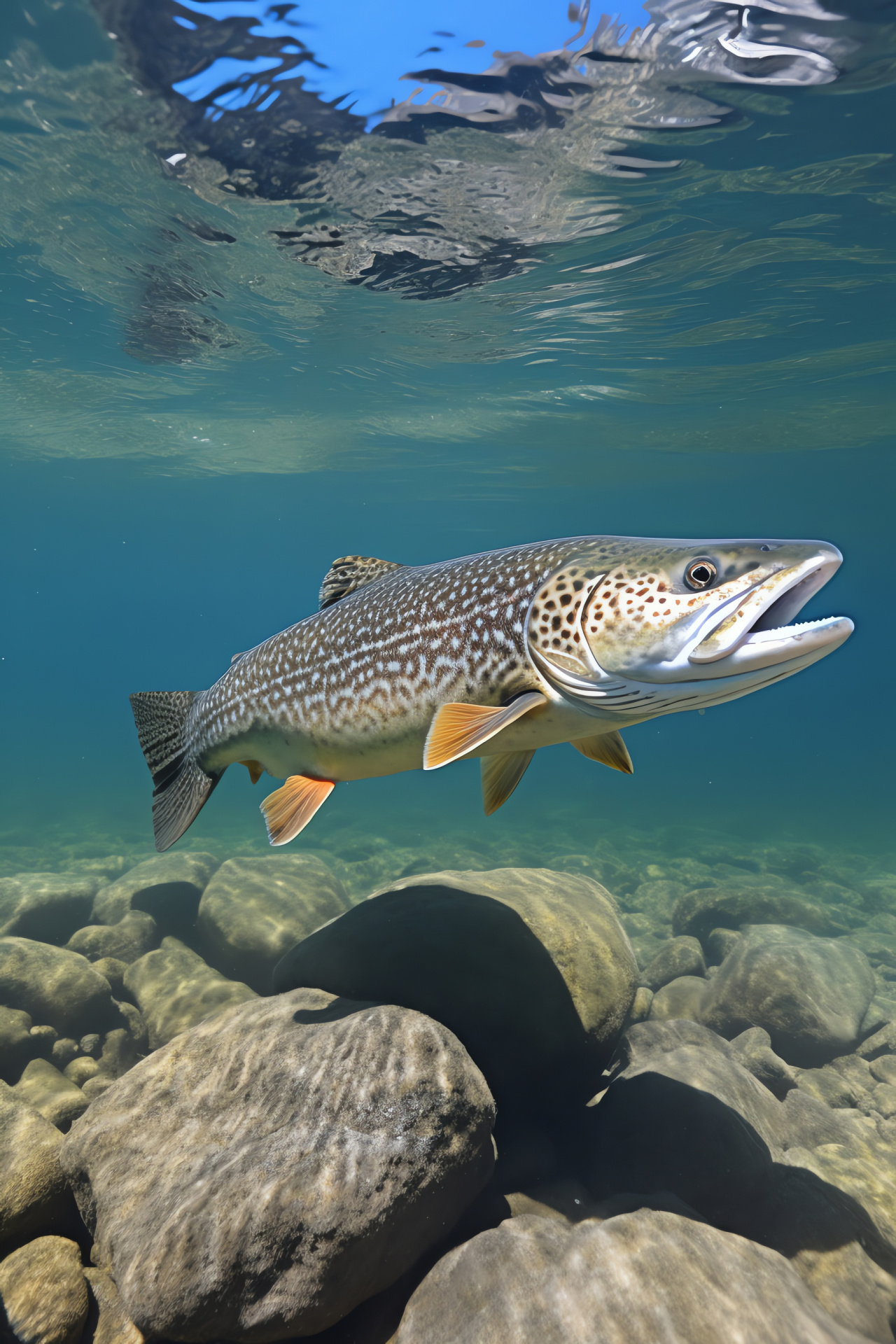 Freshwater trout, Lacustrine habitat, Aquatic fauna, Shiny fish scales, Panoramic lake ecosystem, HD Phone Image