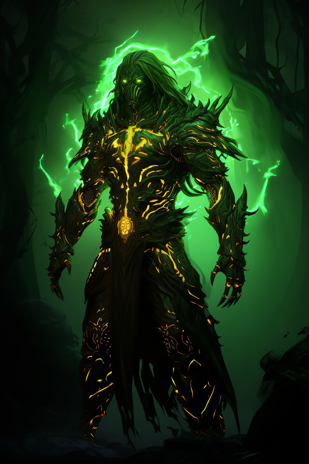 Path of Exile antagonist, Maligaro menace, solid green backdrop horror, yellow eyes terror, twisted expression darkness, HD Phone Image